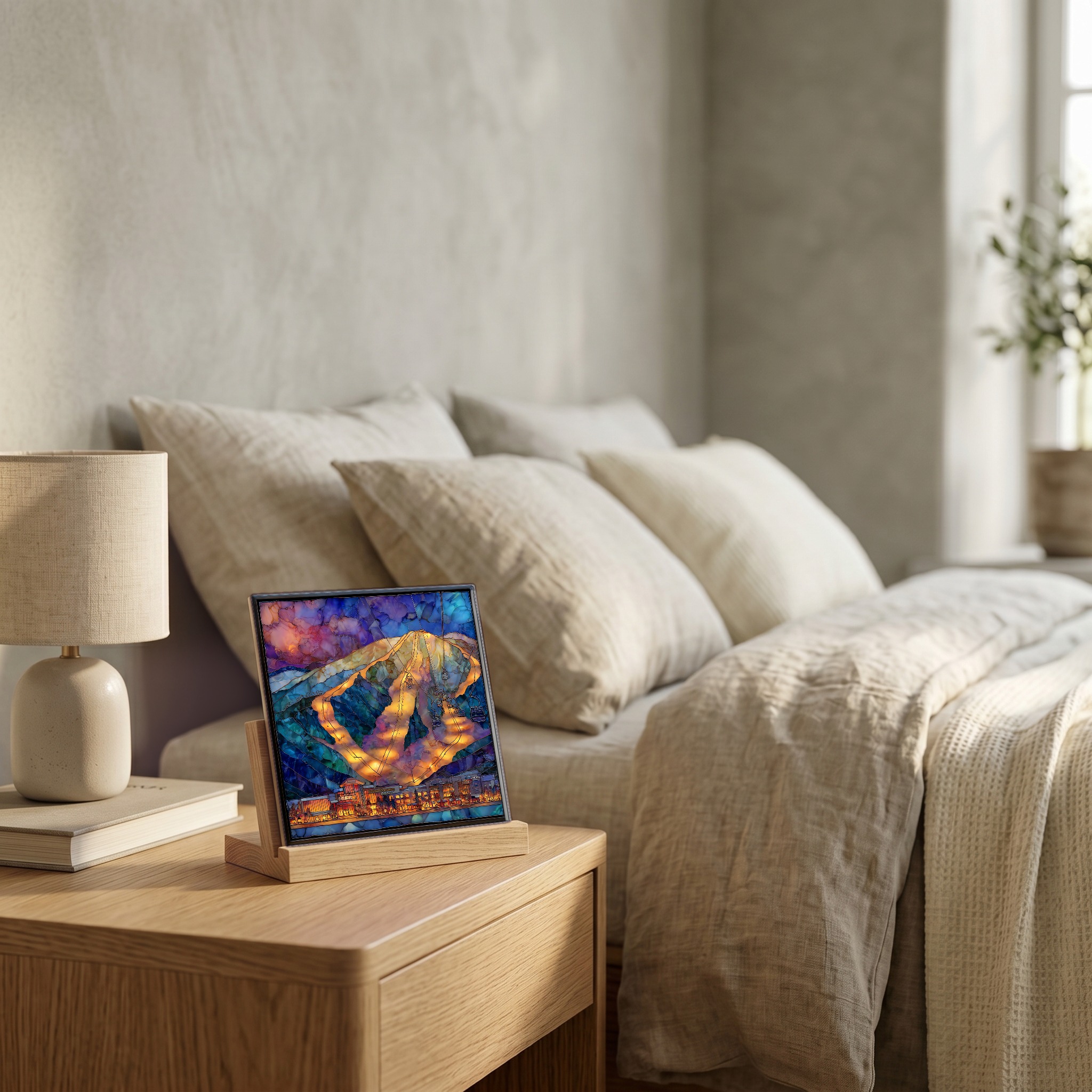 On the nightstand, on a light oak stand.