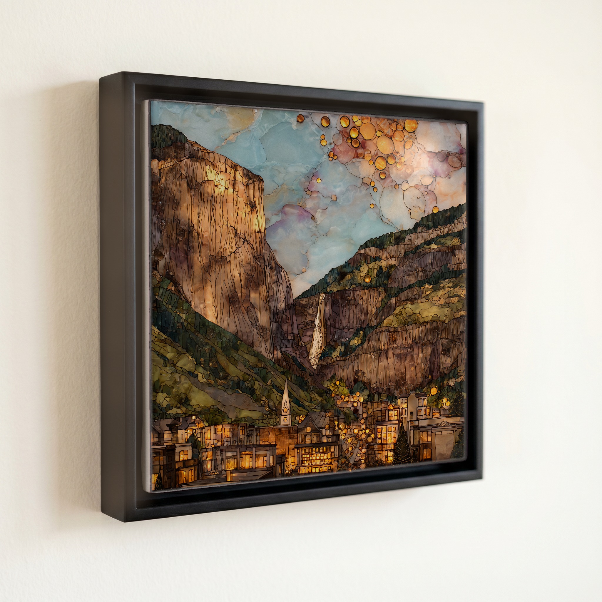 shown in a slim black floating frame · 6 × 6 in
