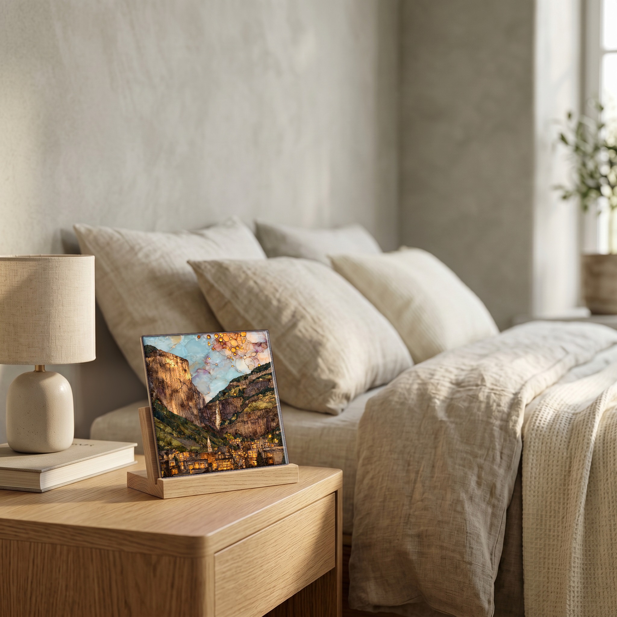 On the nightstand, on a light oak stand.