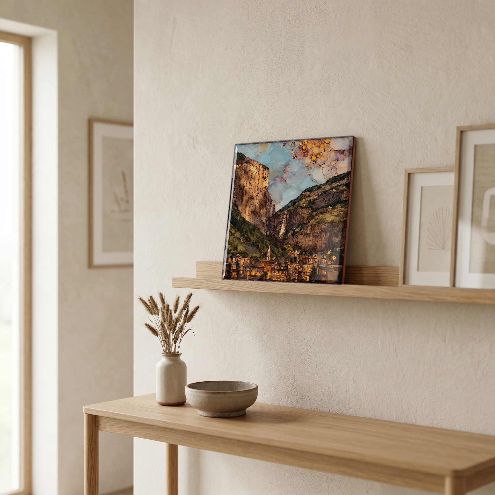 On a picture ledge, where the light comes in.
