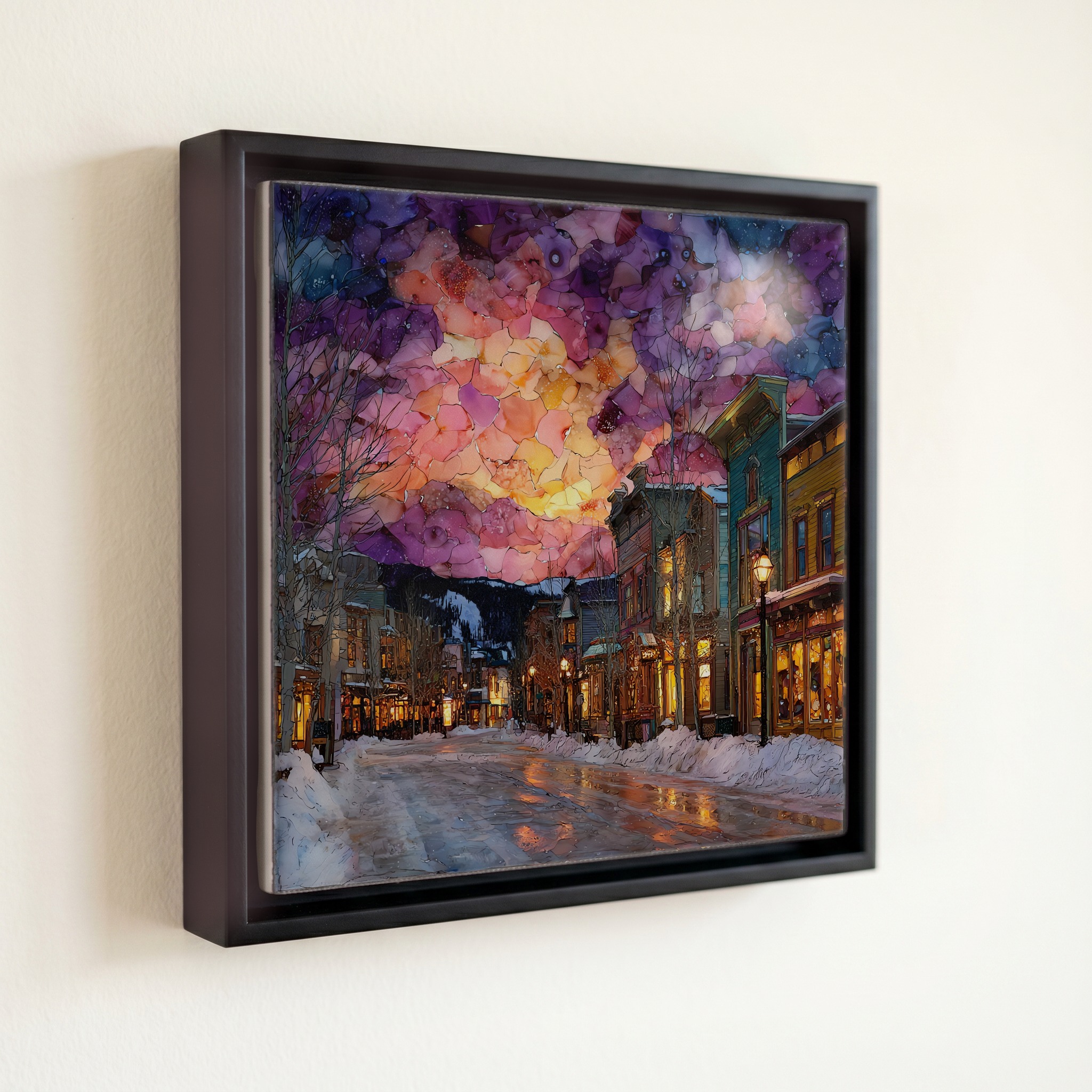 shown in a slim black floating frame · 6 × 6 in