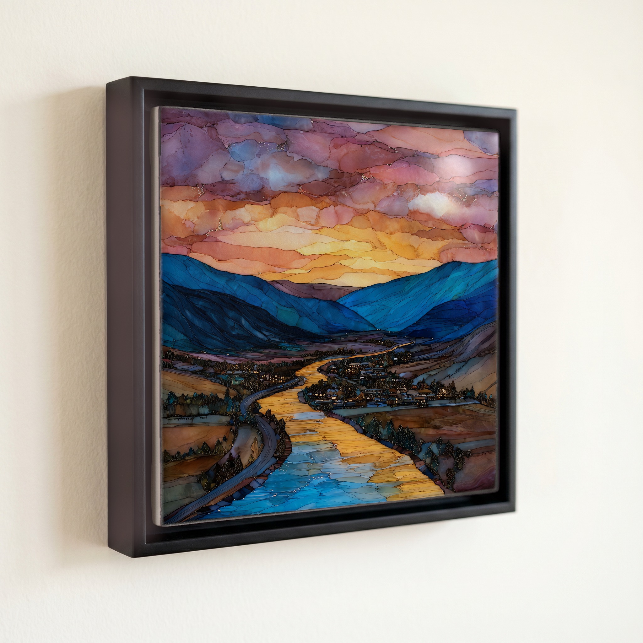 shown in a slim black floating frame · 6 × 6 in