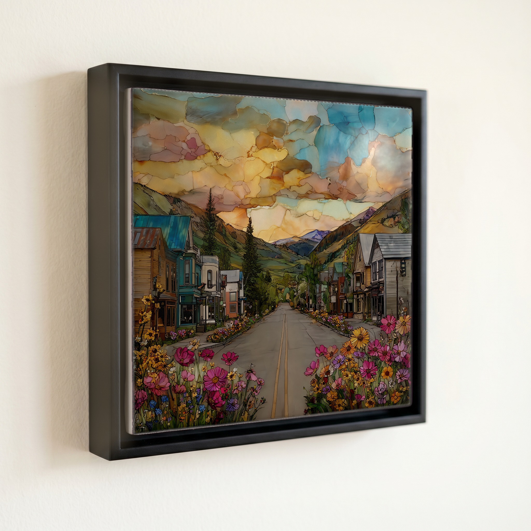 shown in a slim black floating frame · 6 × 6 in