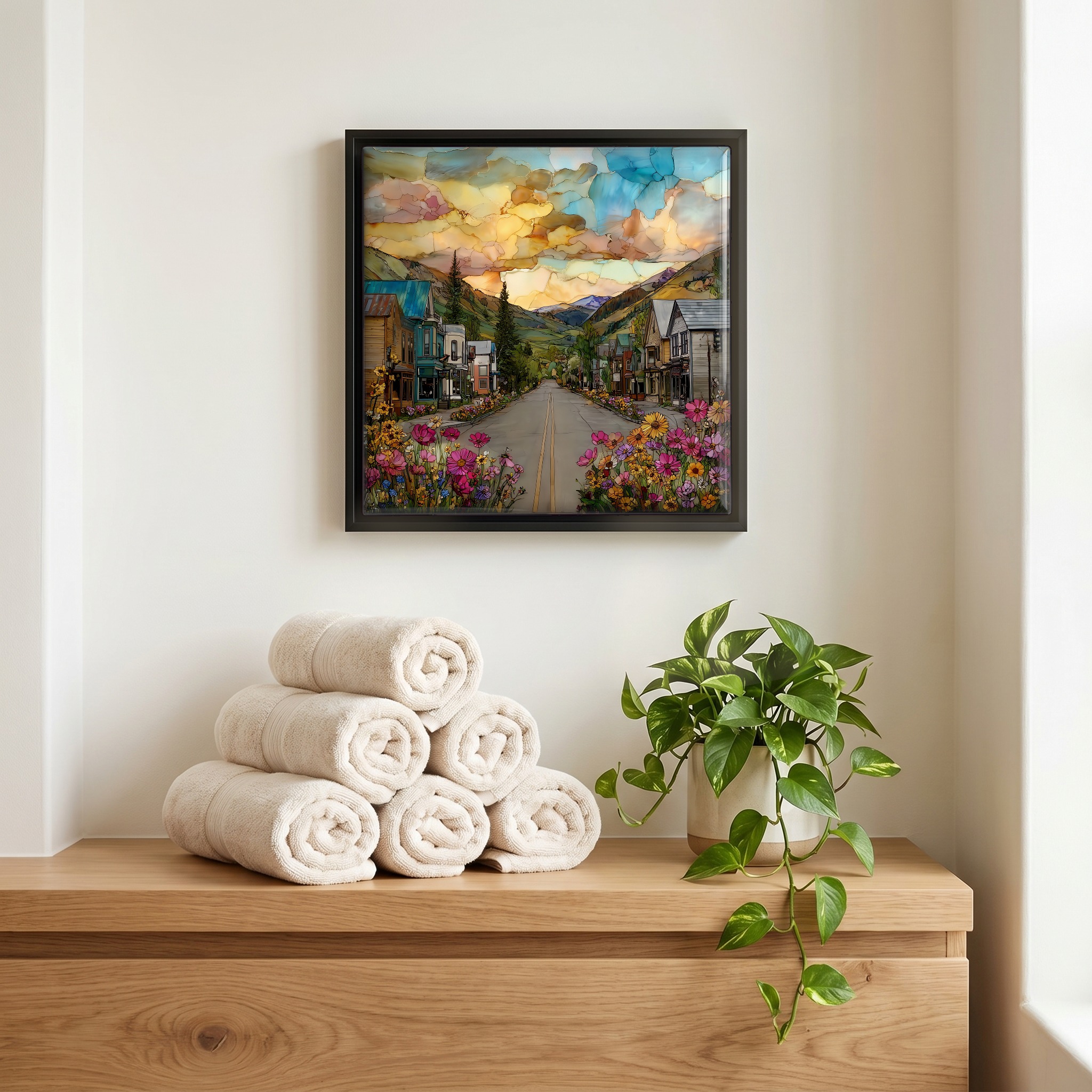 Above the linens, in a slim black surround.
