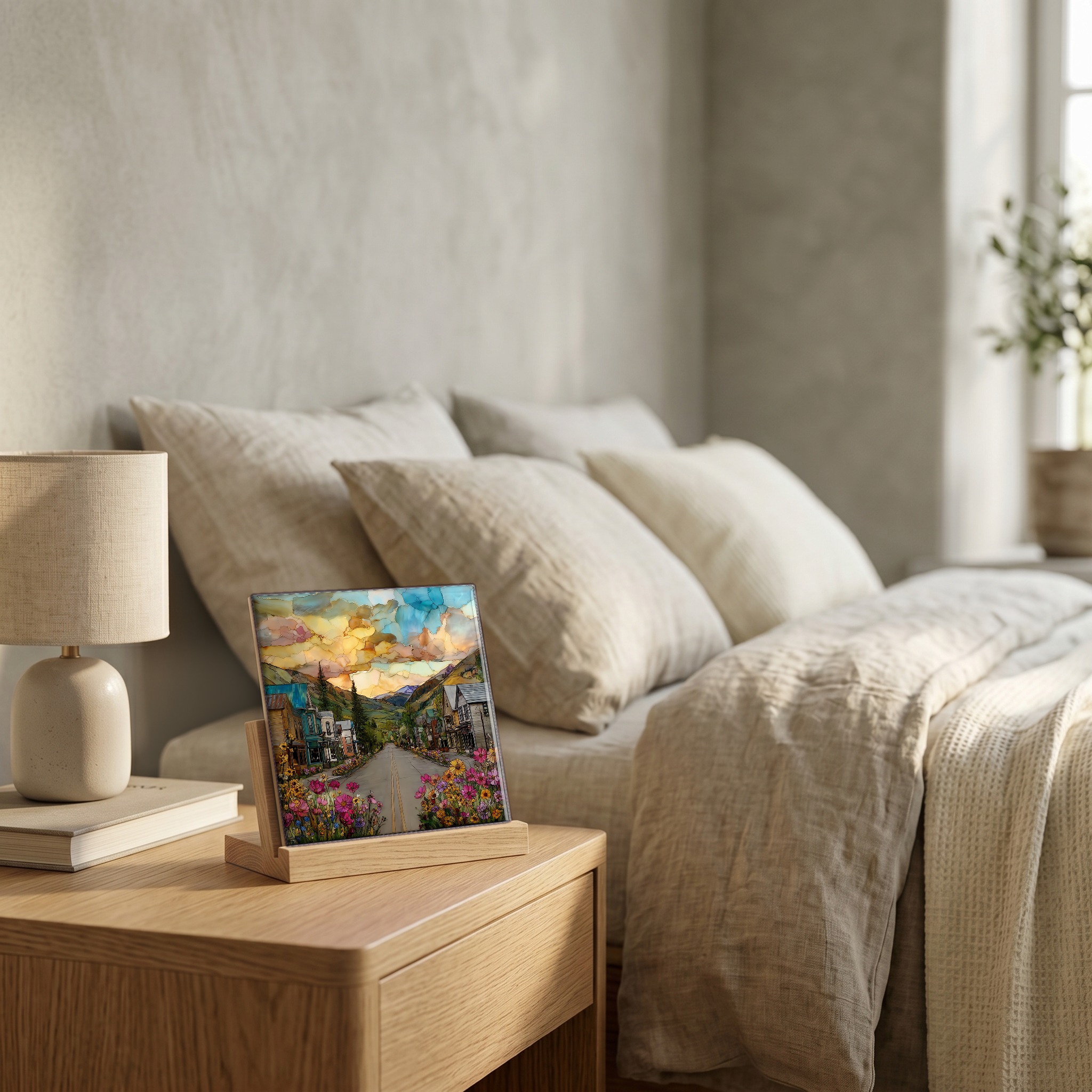 On the nightstand, on a light oak stand.