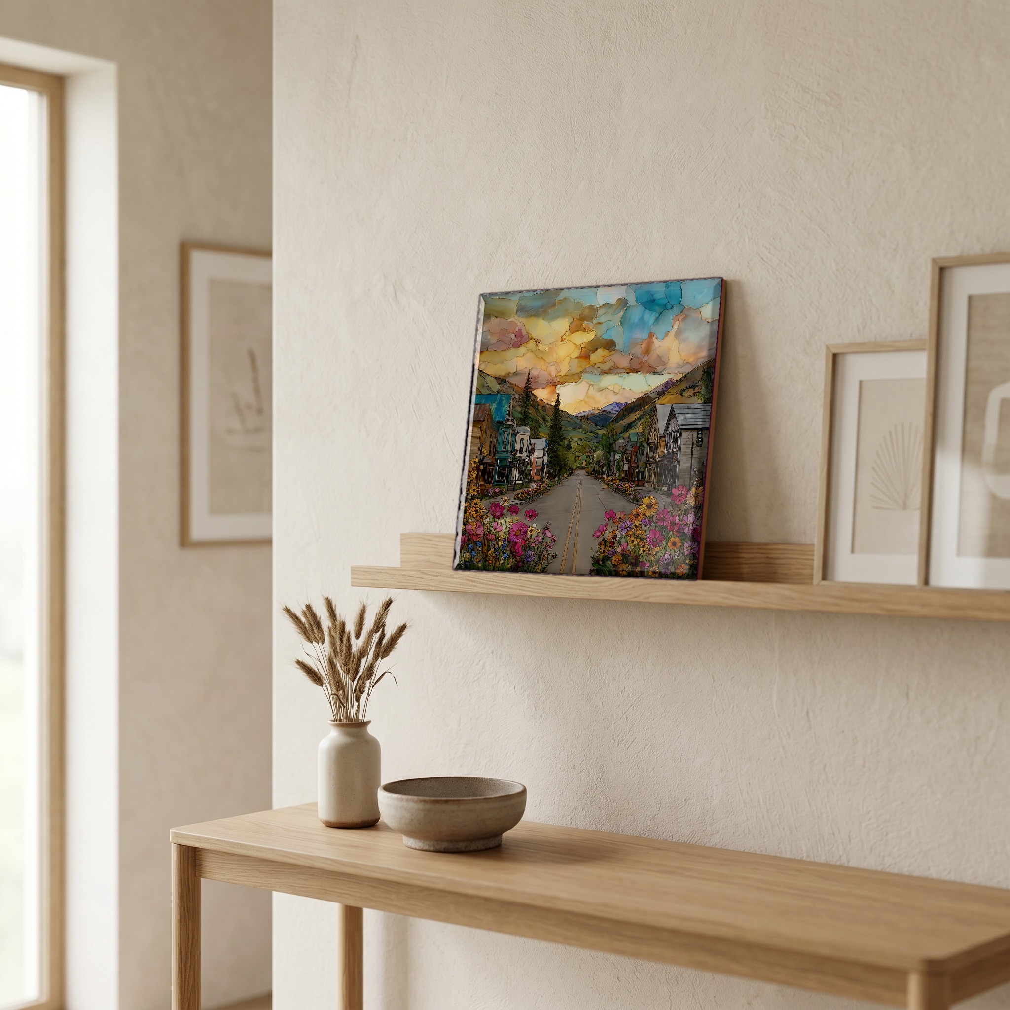 On a picture ledge, where the light comes in.
