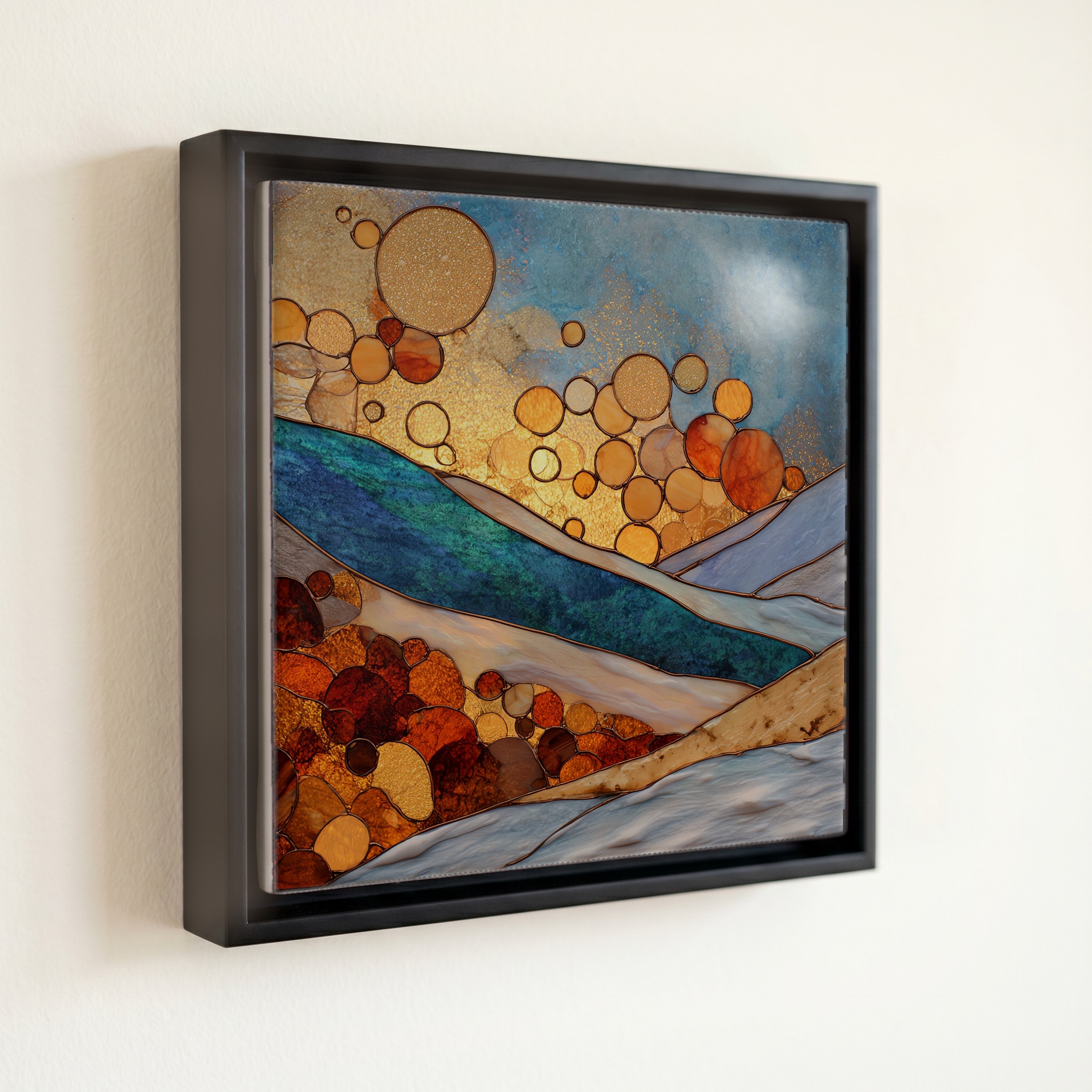 shown in a slim black floating frame · 6 × 6 in