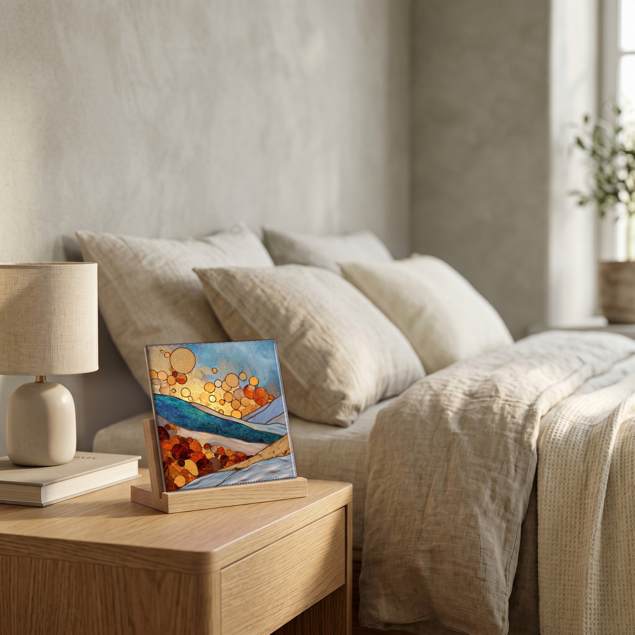 On the nightstand, on a light oak stand.