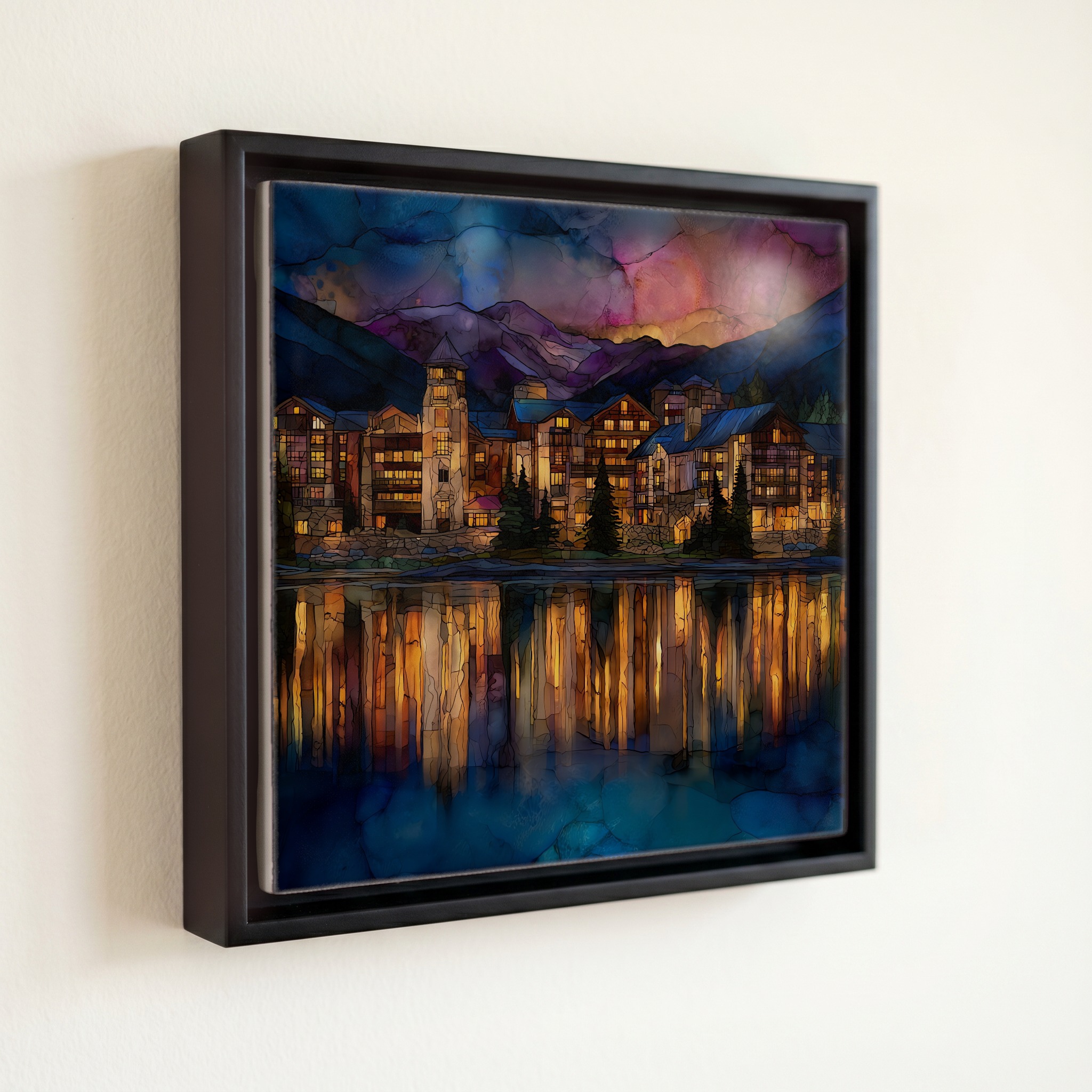 shown in a slim black floating frame · 6 × 6 in