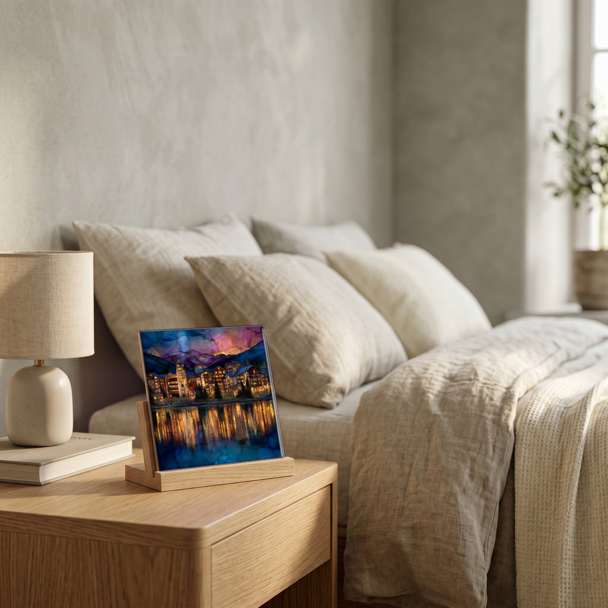On the nightstand, on a light oak stand.