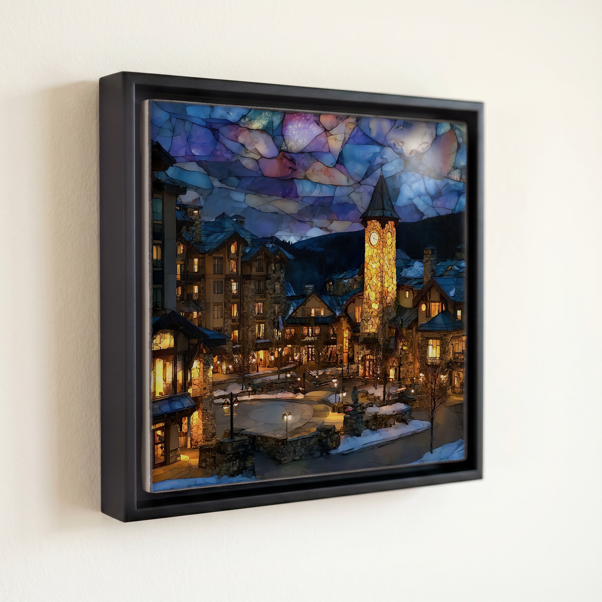 shown in a slim black floating frame · 6 × 6 in