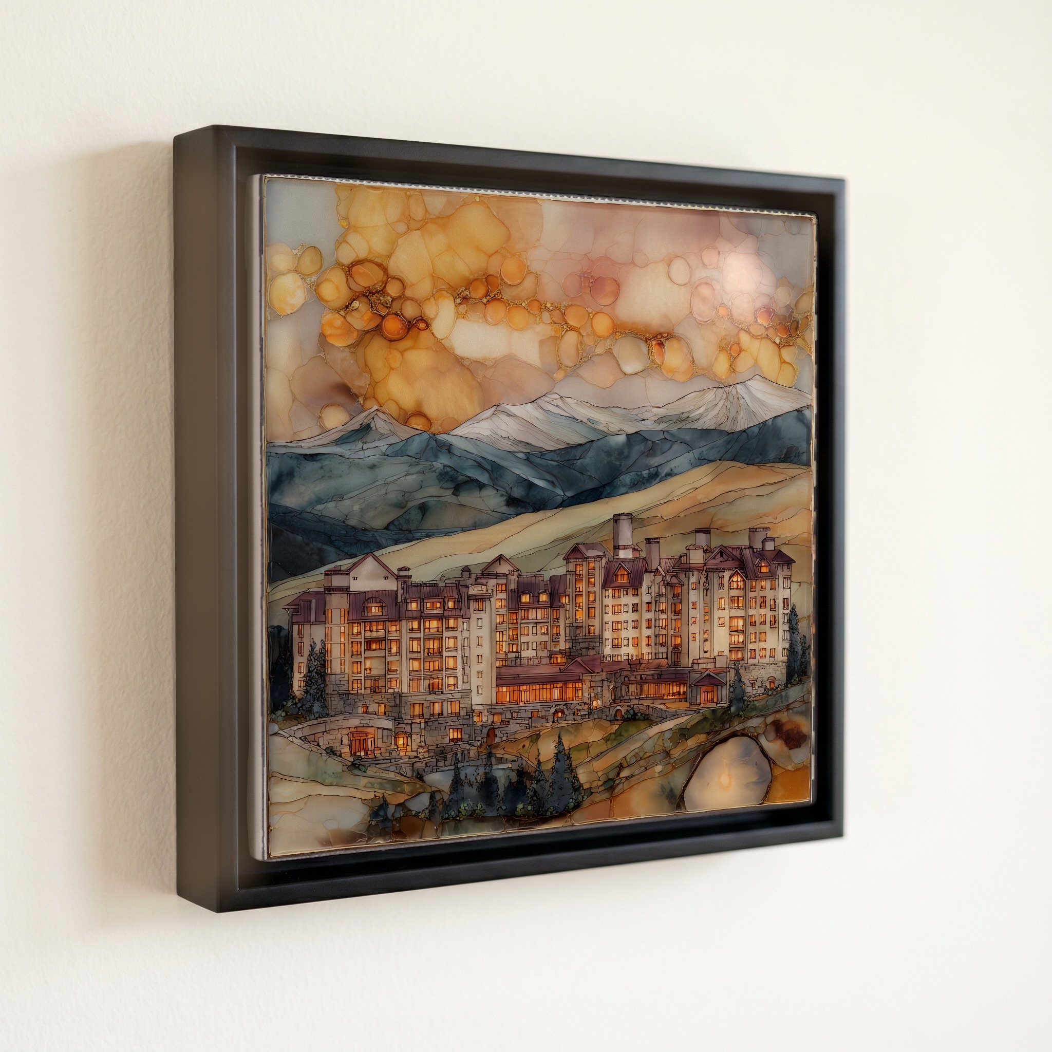 shown in a slim black floating frame · 6 × 6 in