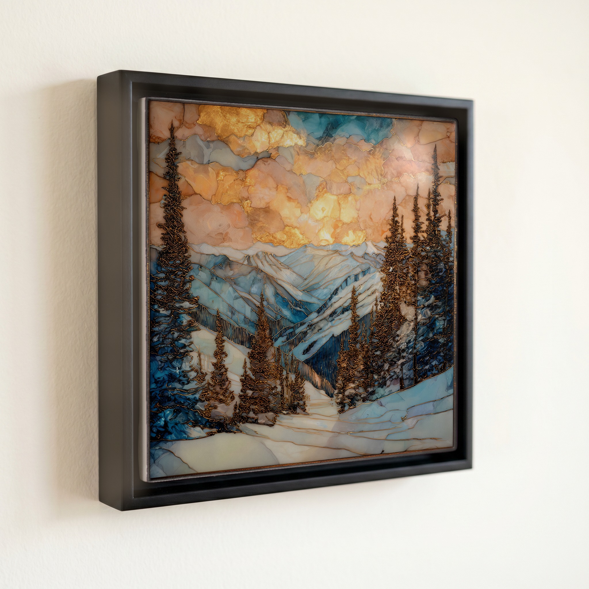 shown in a slim black floating frame · 6 × 6 in