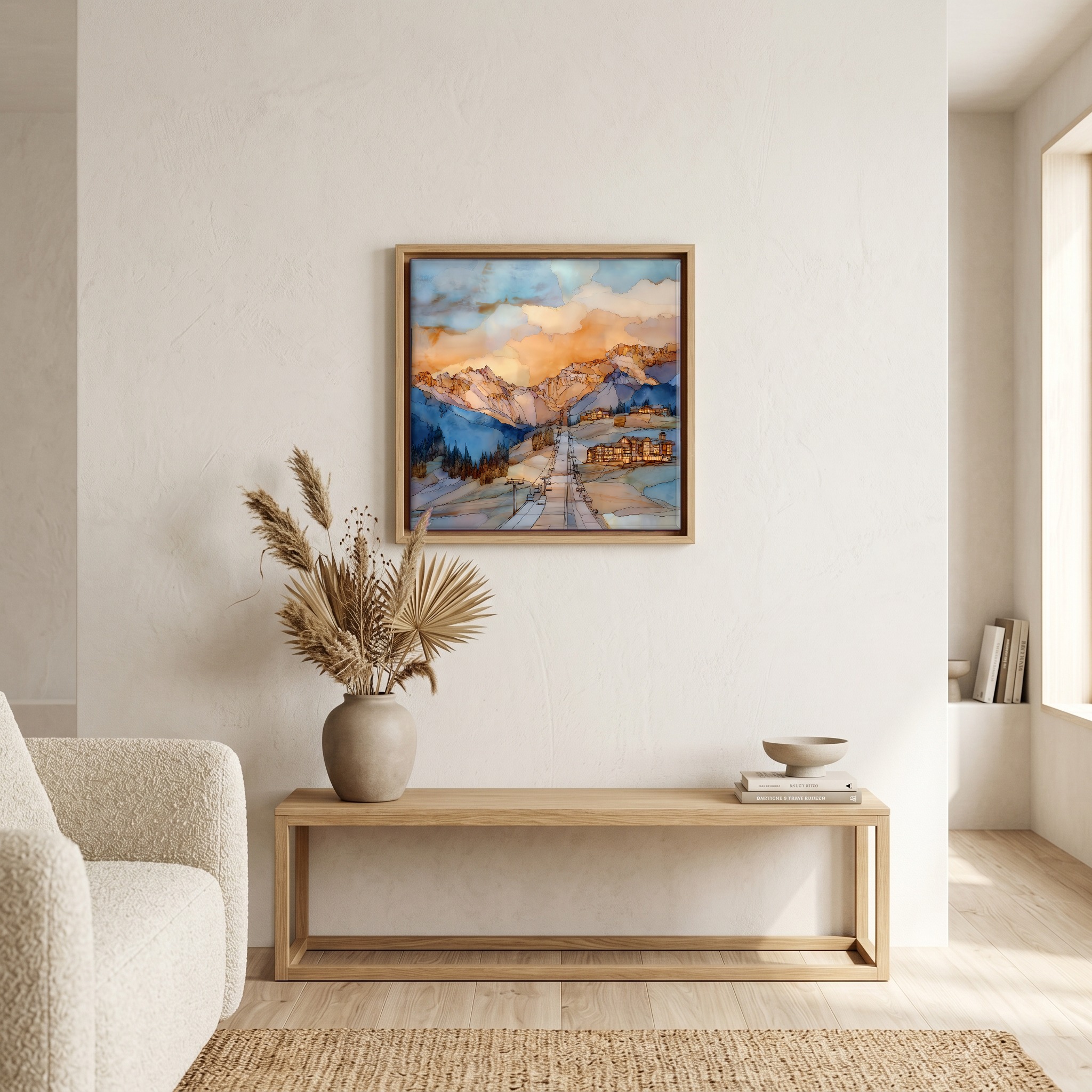 Above the bench, in a warm oak surround.