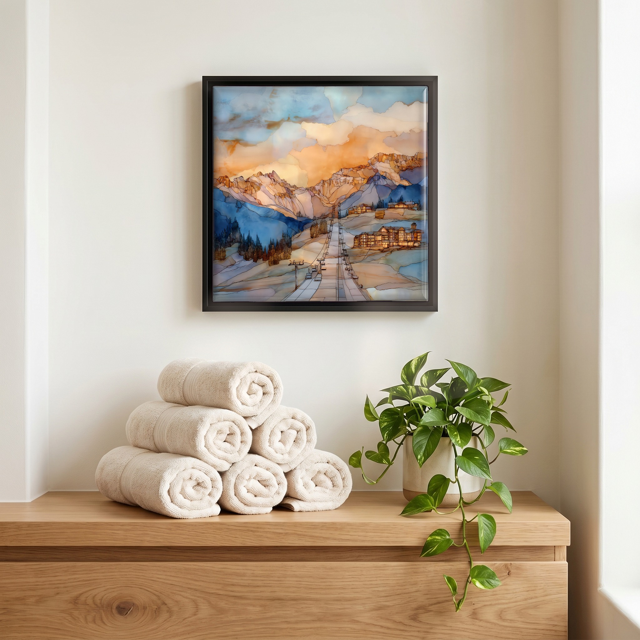 Above the linens, in a slim black surround.
