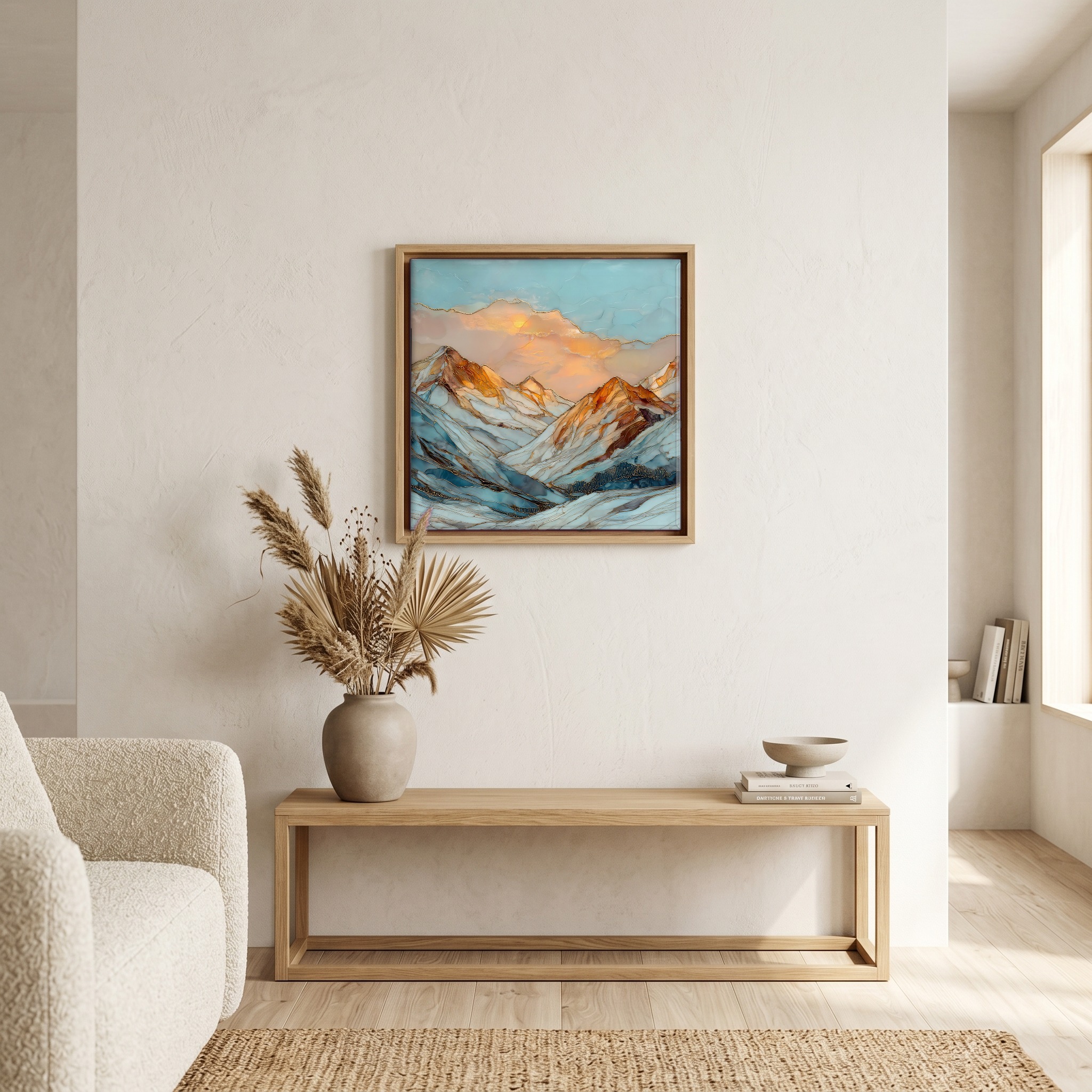 Above the bench, in a warm oak surround.