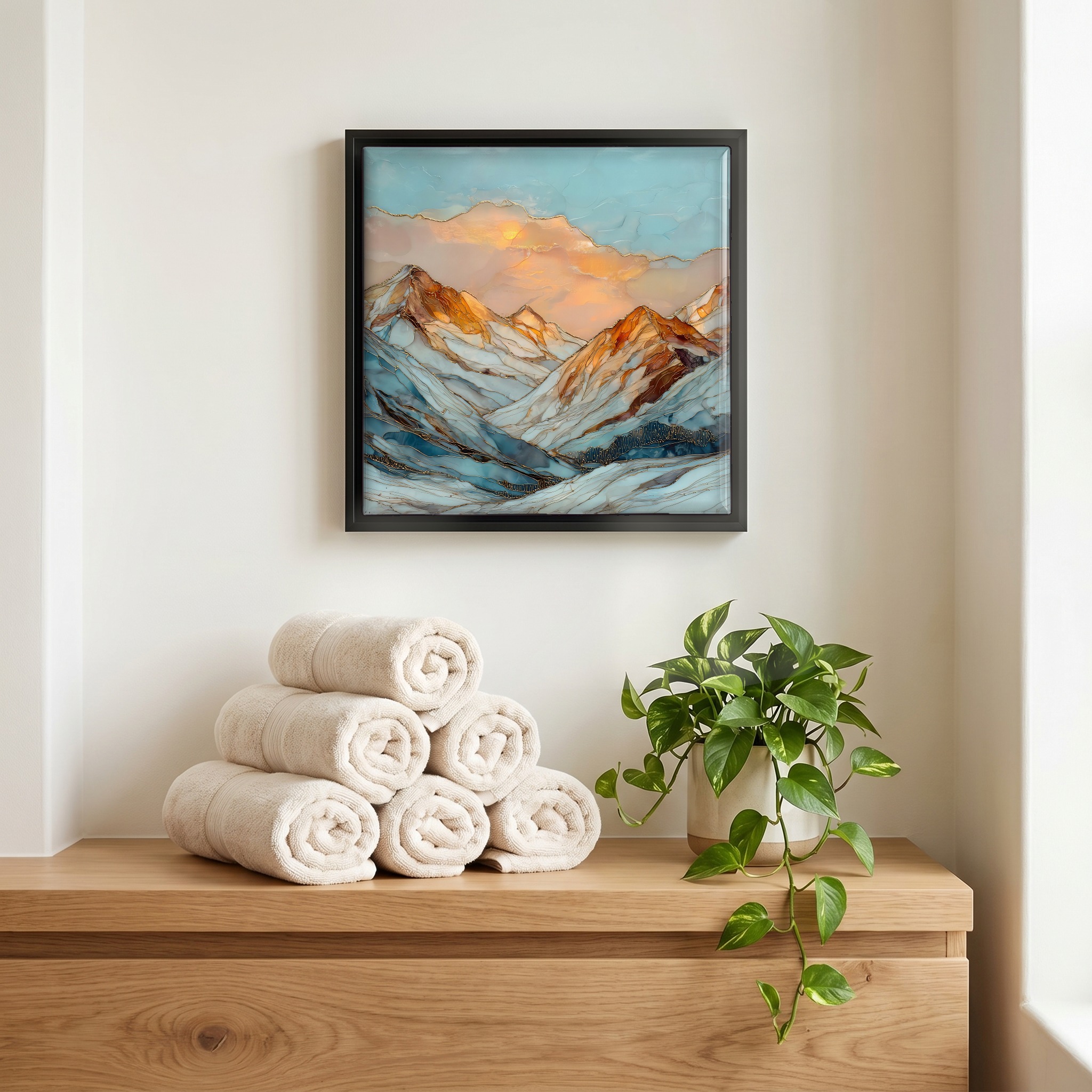Above the linens, in a slim black surround.