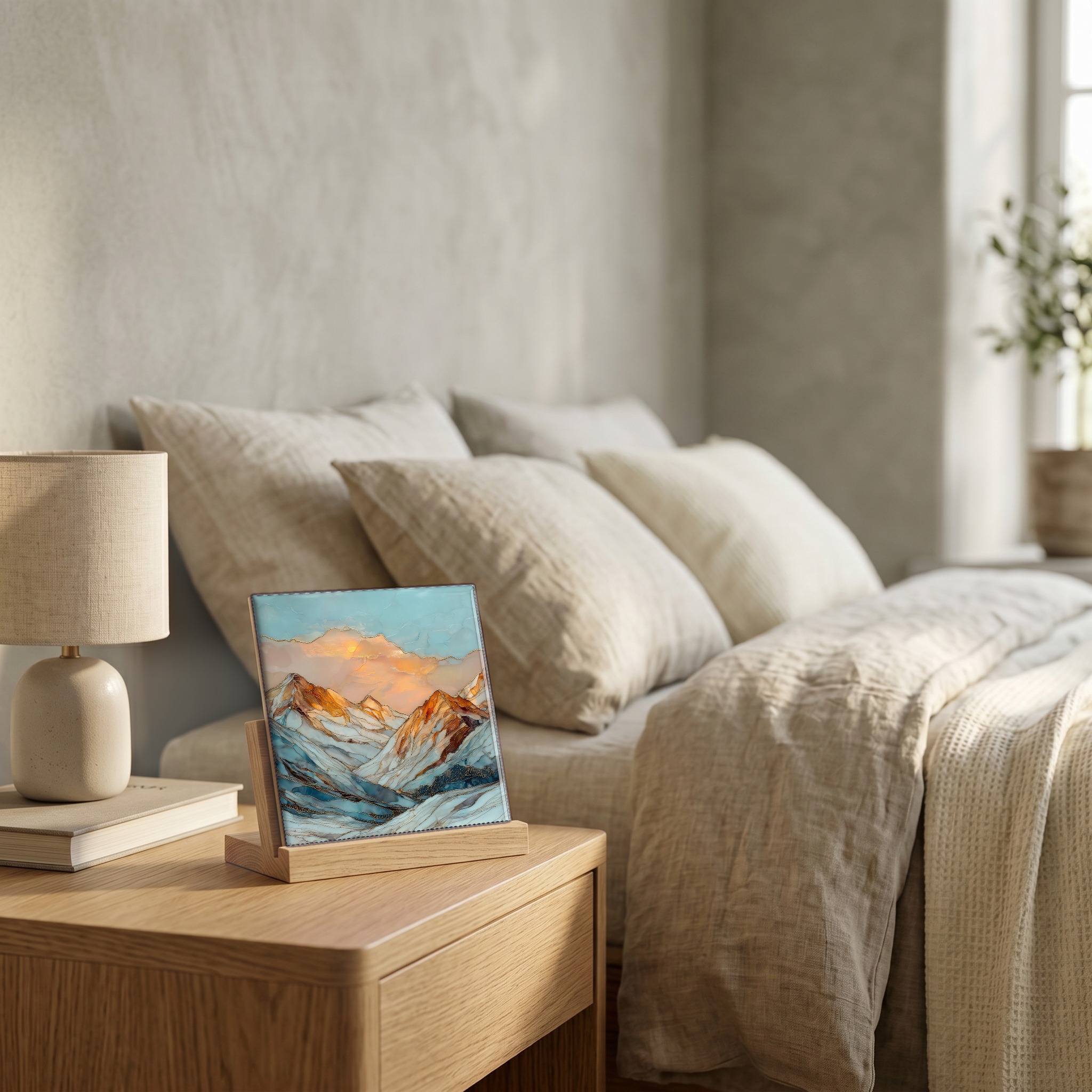 On the nightstand, on a light oak stand.