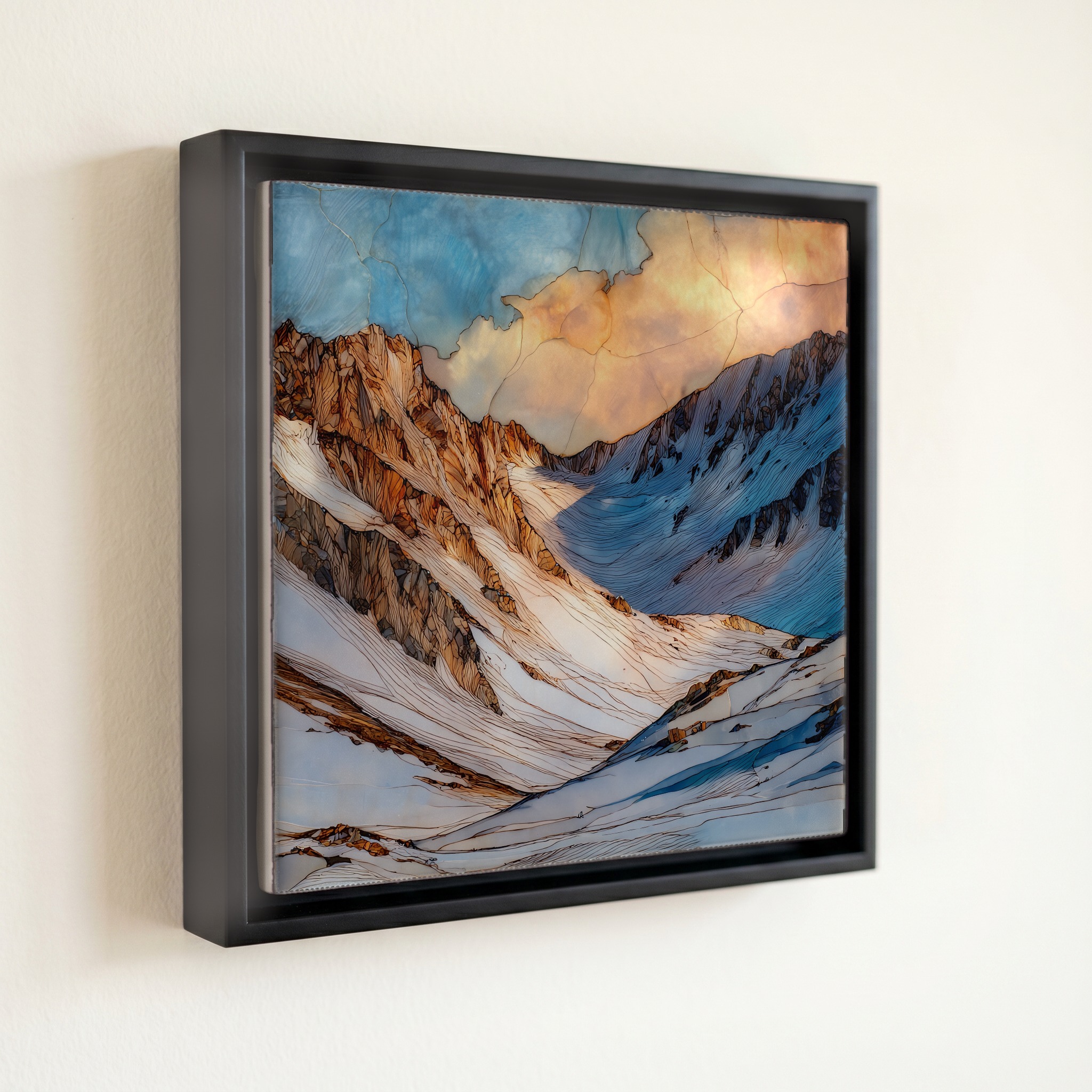 shown in a slim black floating frame · 6 × 6 in