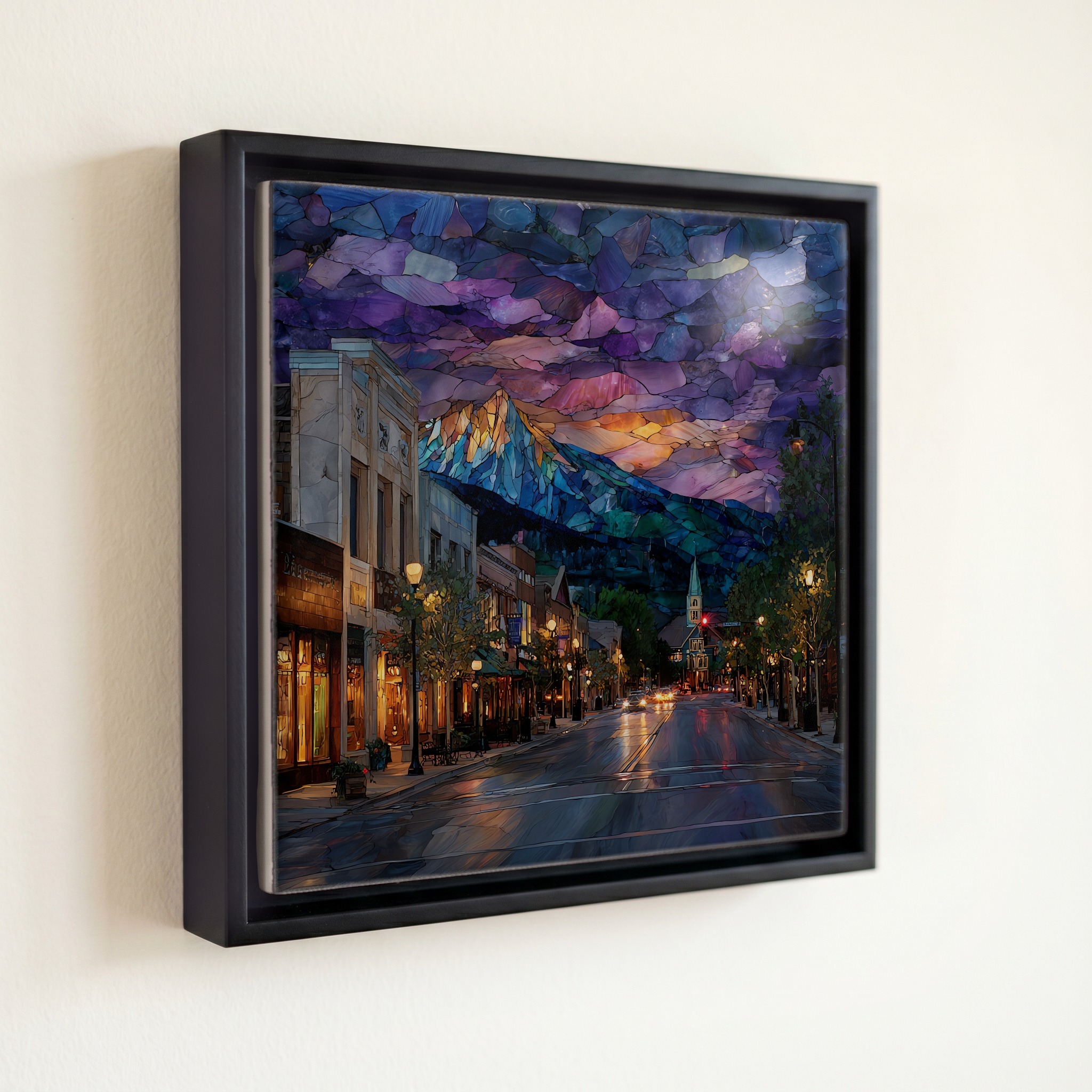 shown in a slim black floating frame · 6 × 6 in