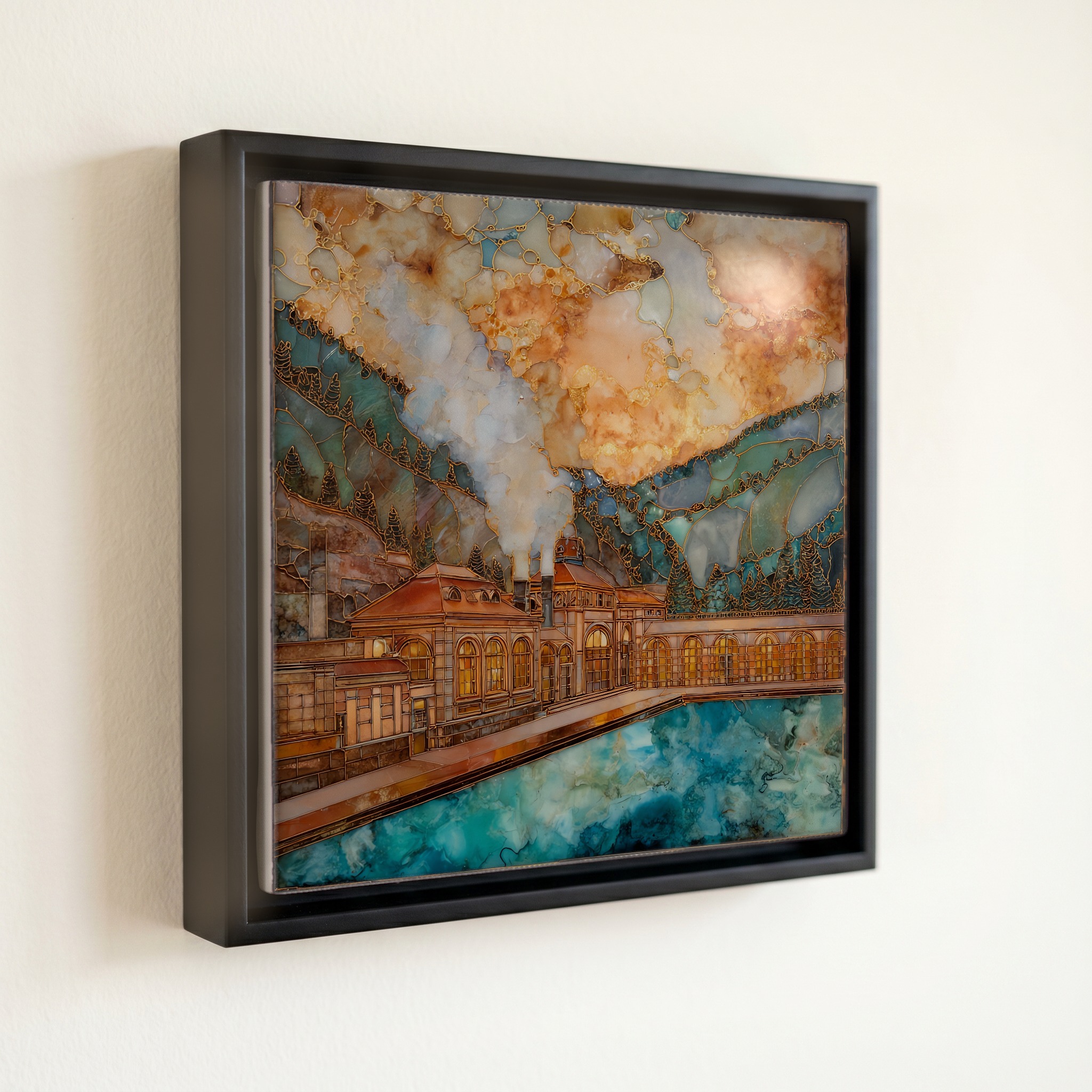 shown in a slim black floating frame · 6 × 6 in
