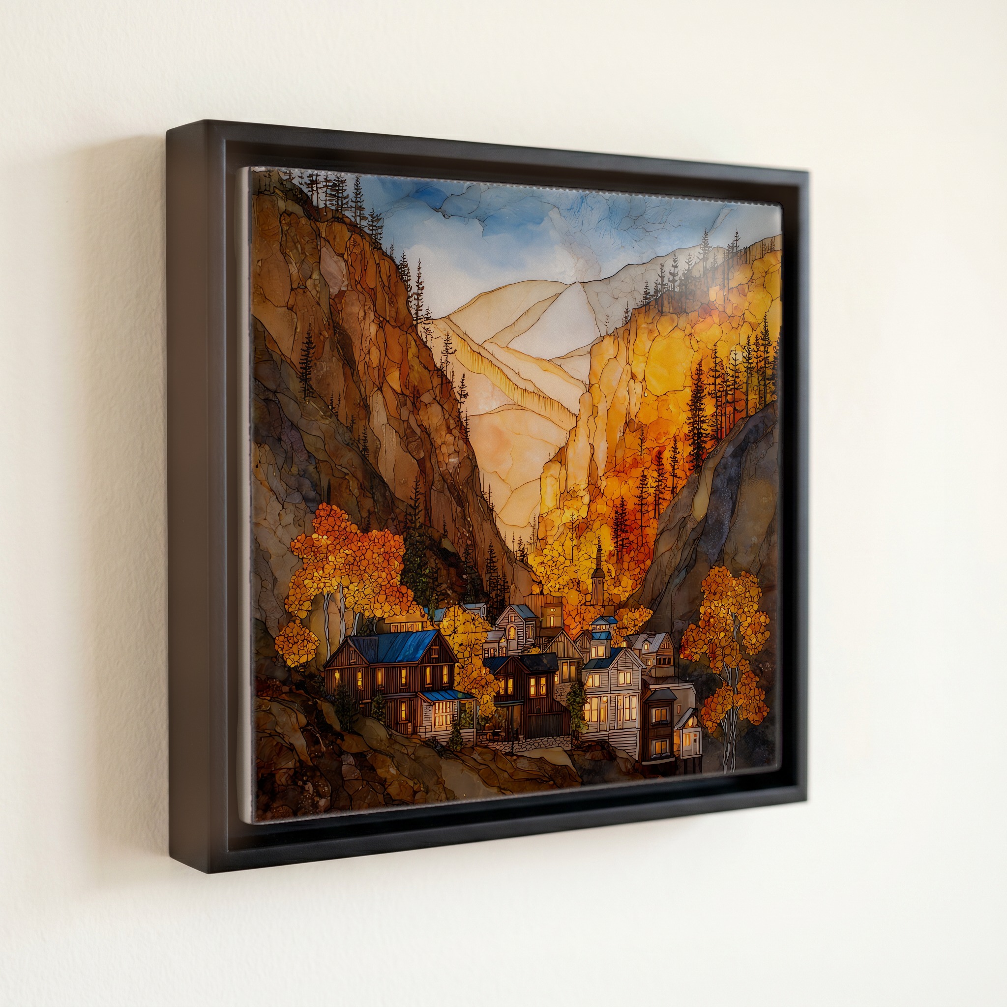 shown in a slim black floating frame · 6 × 6 in