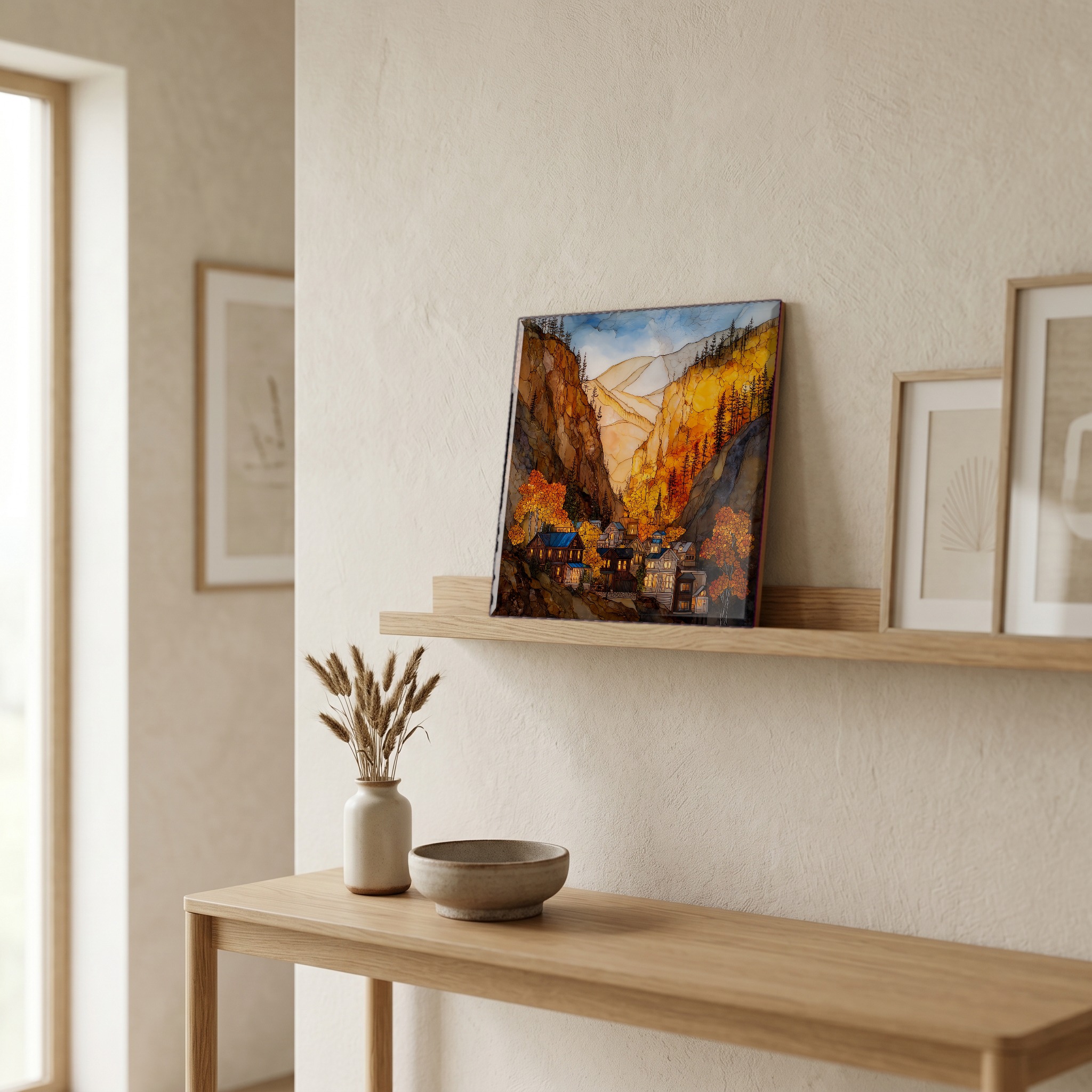 On a picture ledge, where the light comes in.
