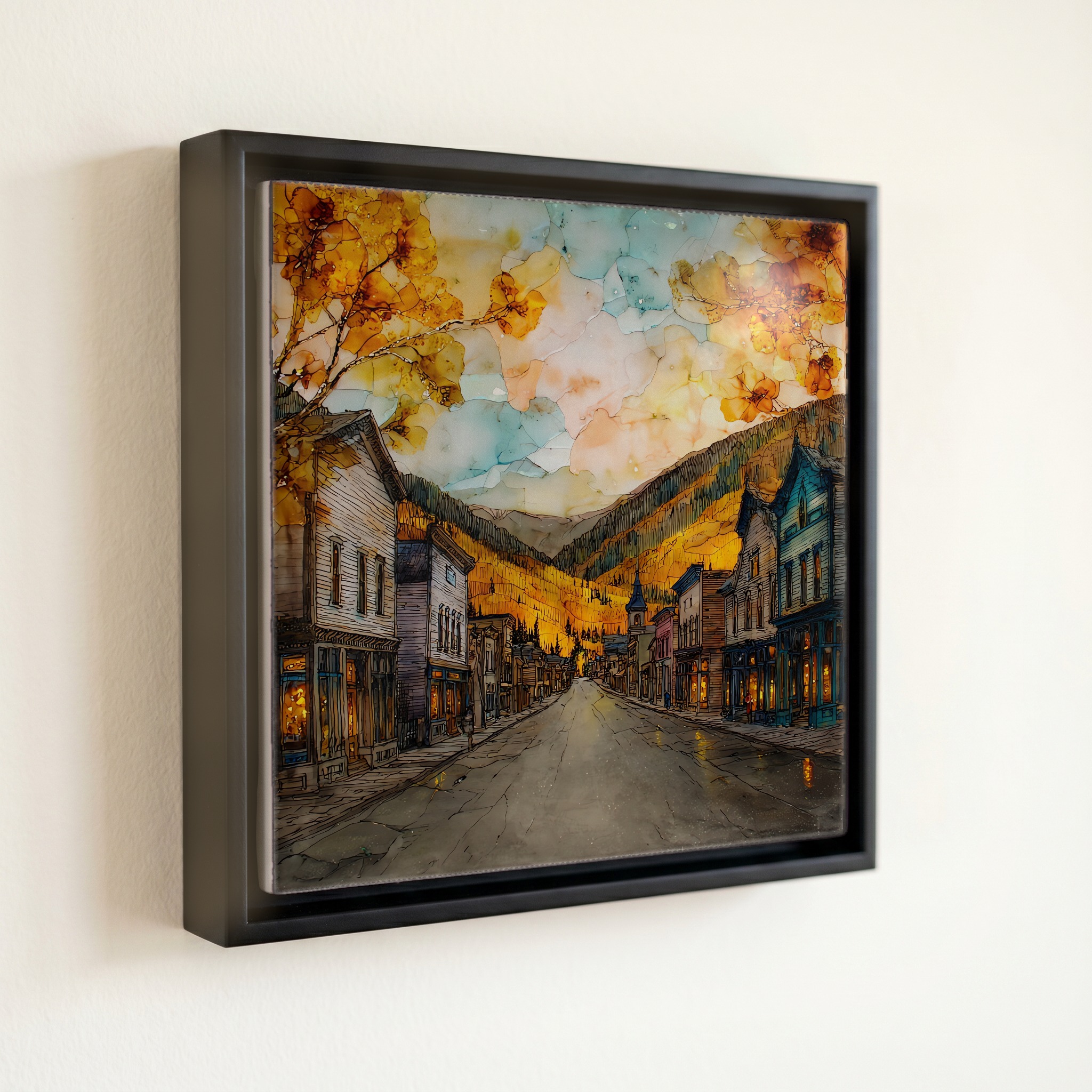 shown in a slim black floating frame · 6 × 6 in