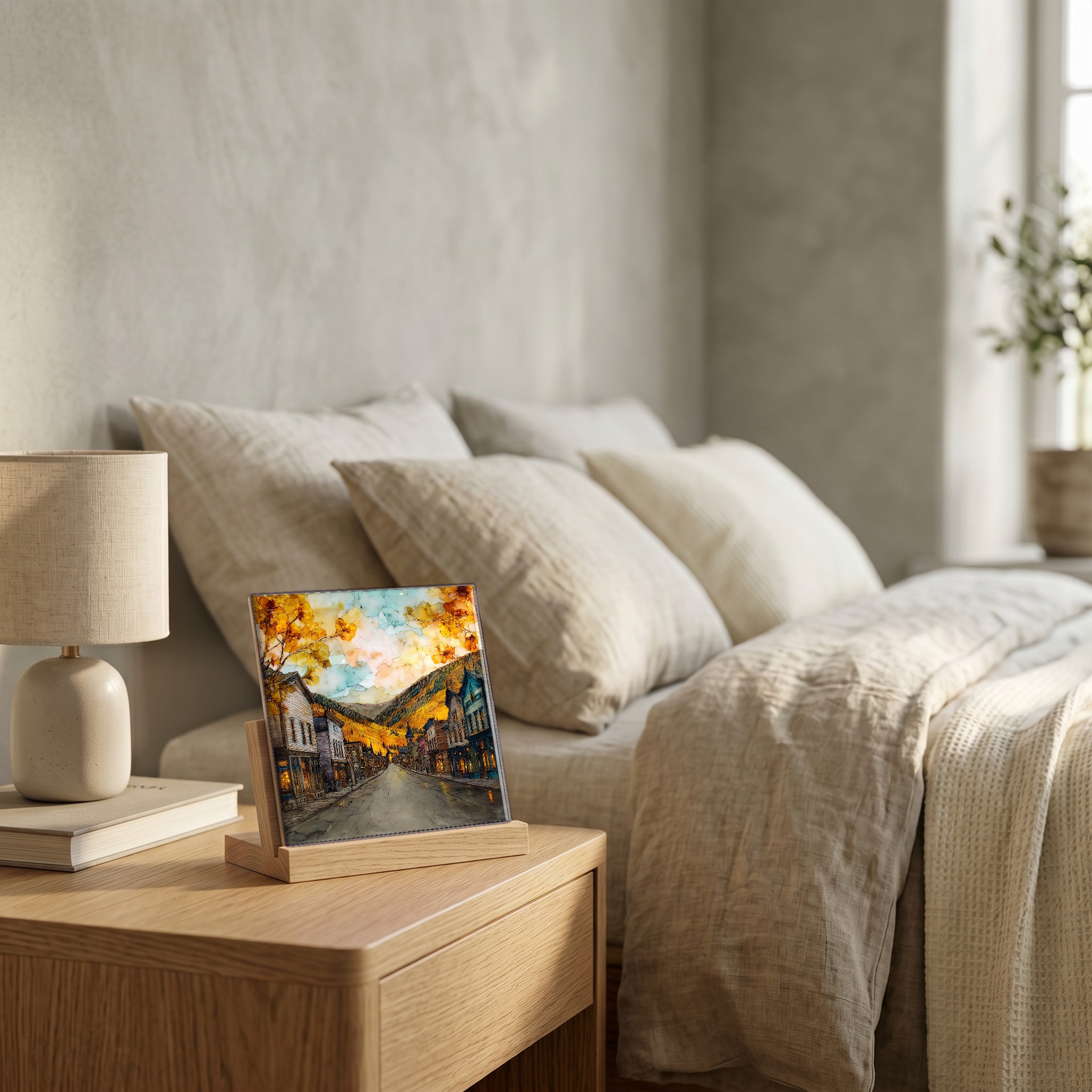 On the nightstand, on a light oak stand.