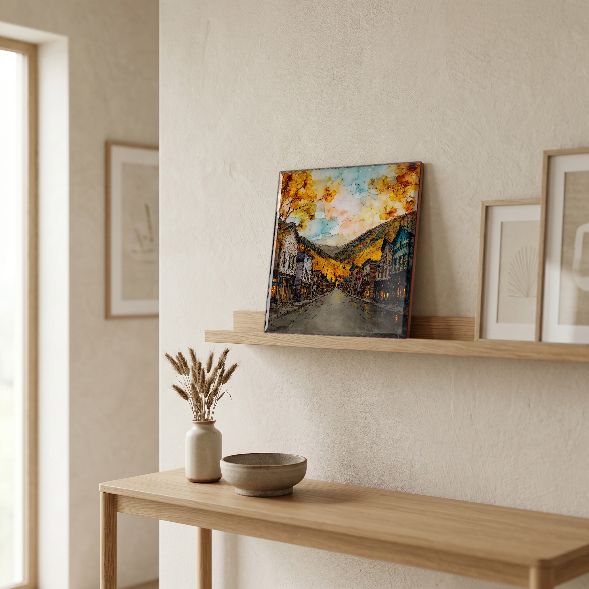 On a picture ledge, where the light comes in.