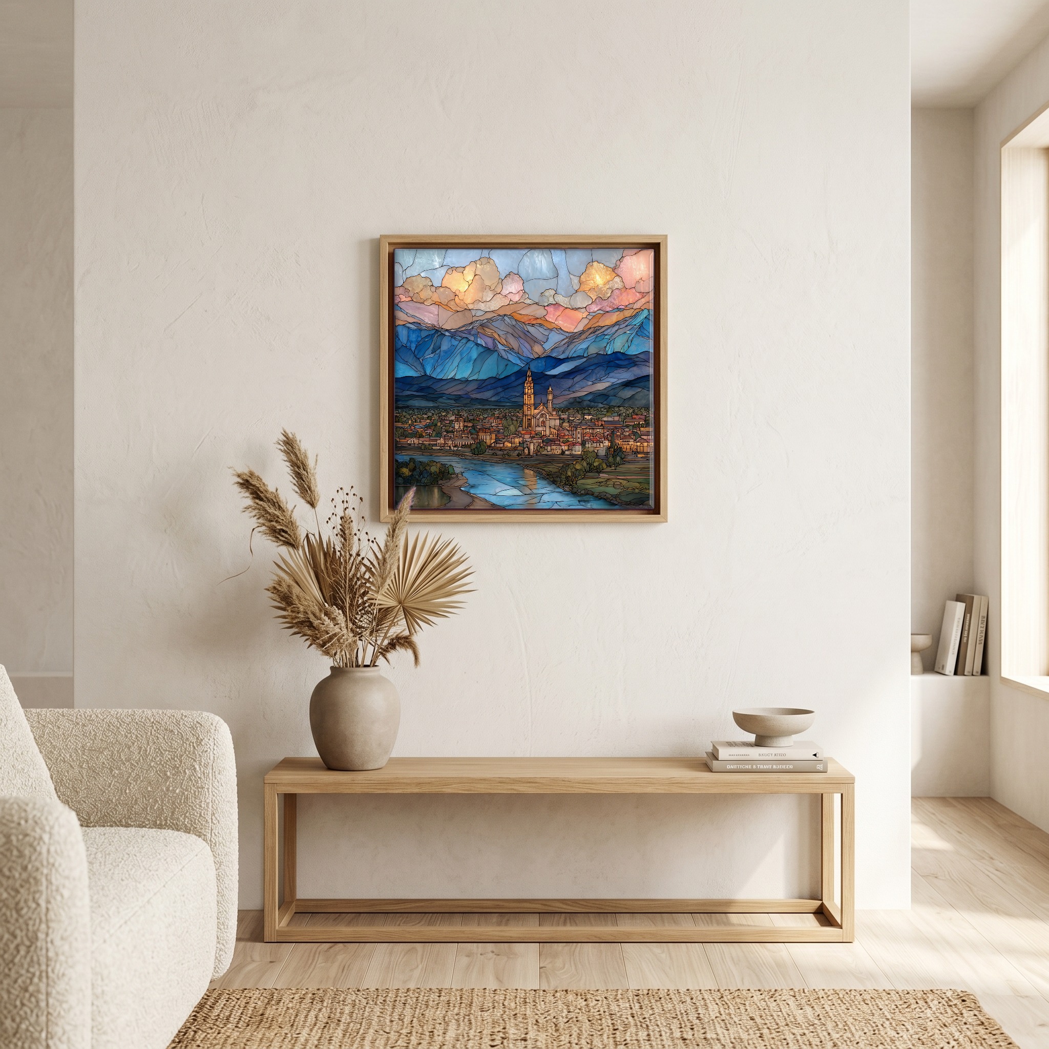 Above the bench, in a warm oak surround.
