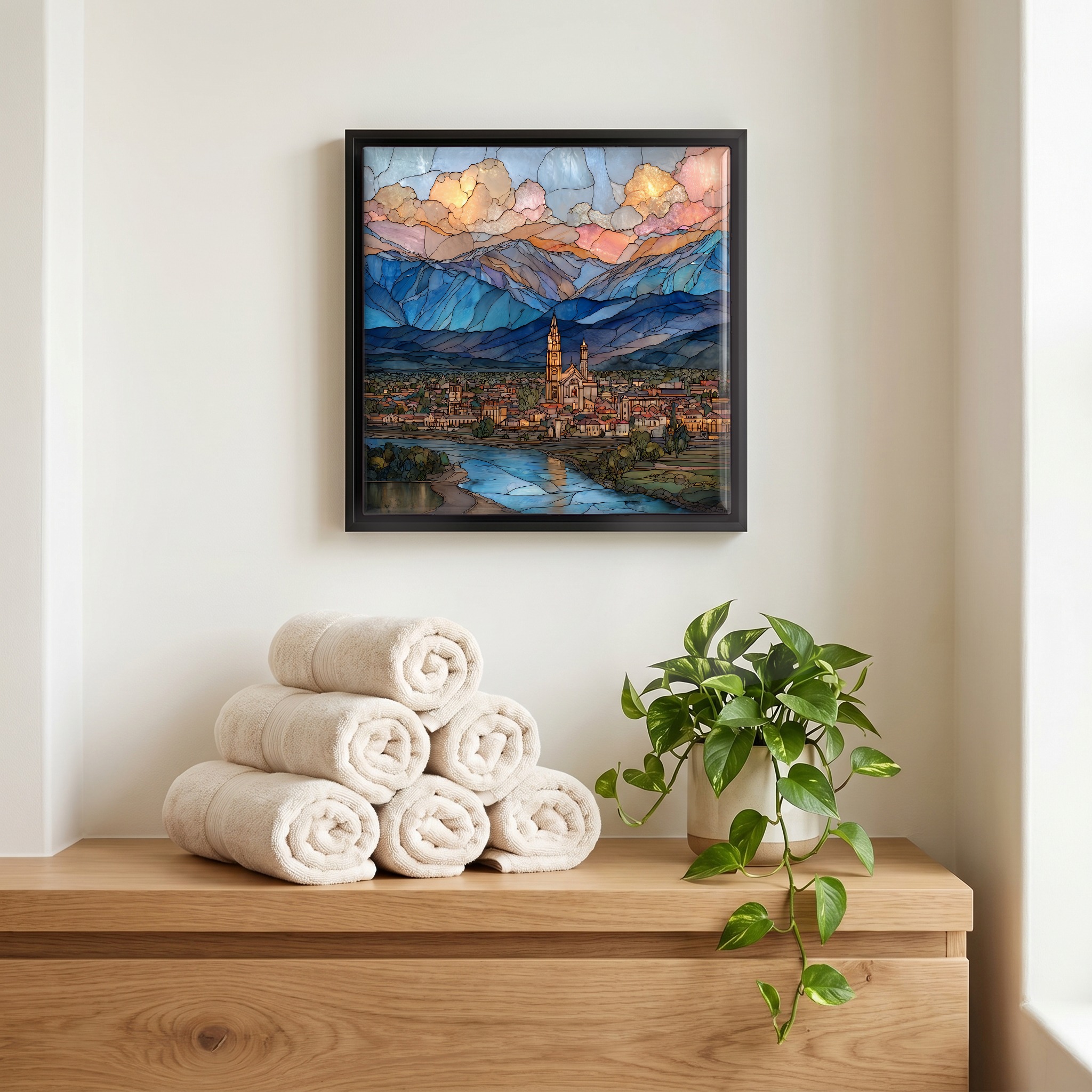 Above the linens, in a slim black surround.