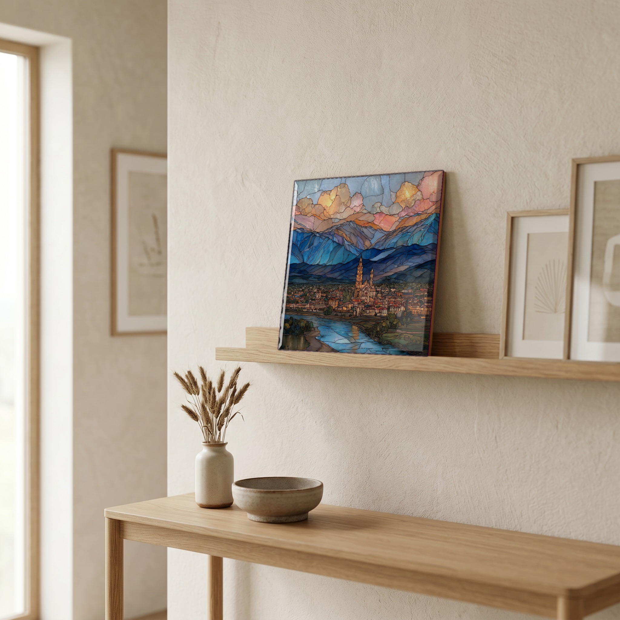 On a picture ledge, where the light comes in.