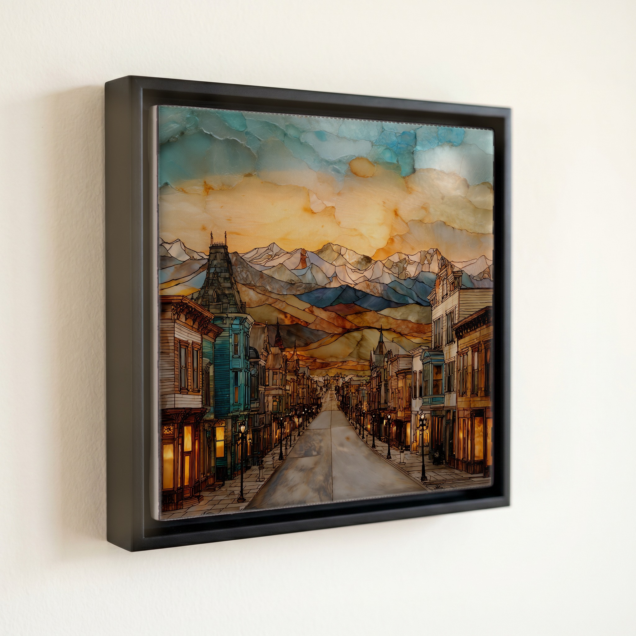 shown in a slim black floating frame · 6 × 6 in