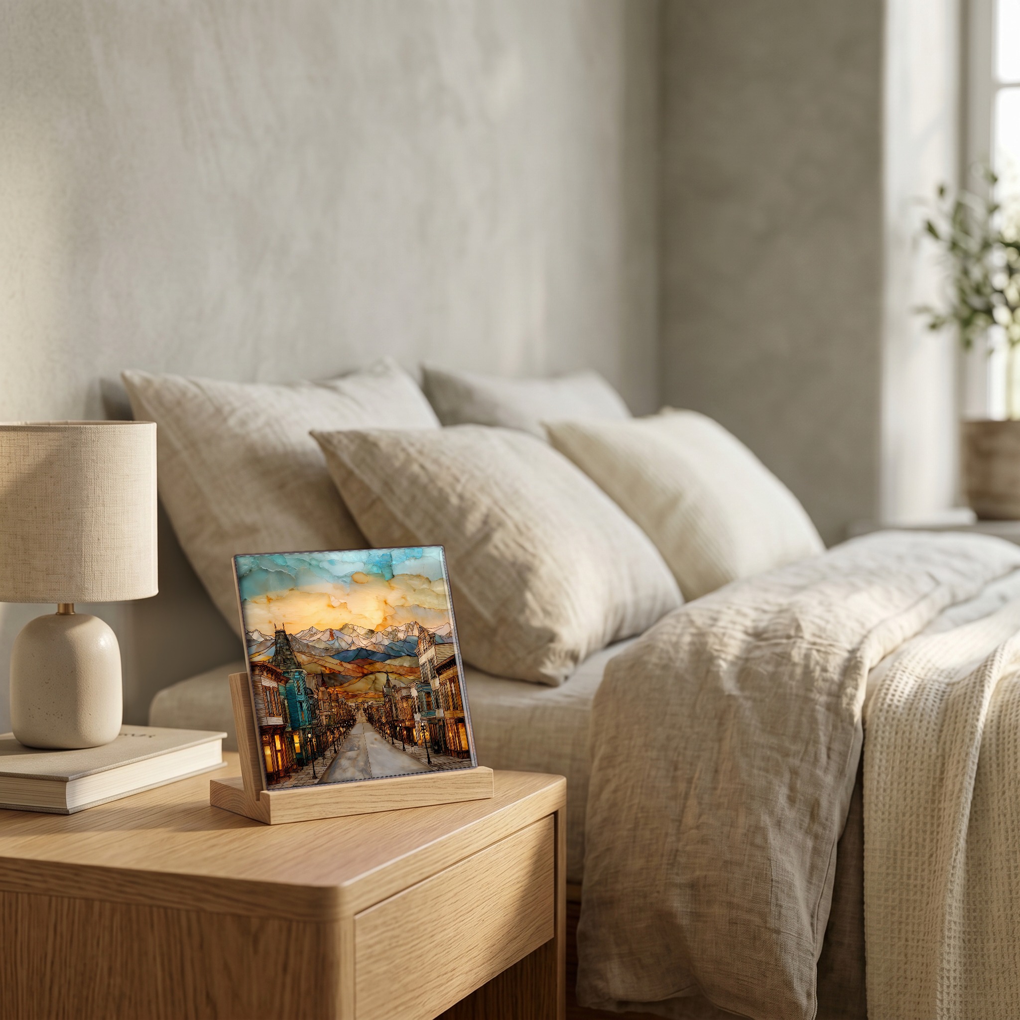 On the nightstand, on a light oak stand.