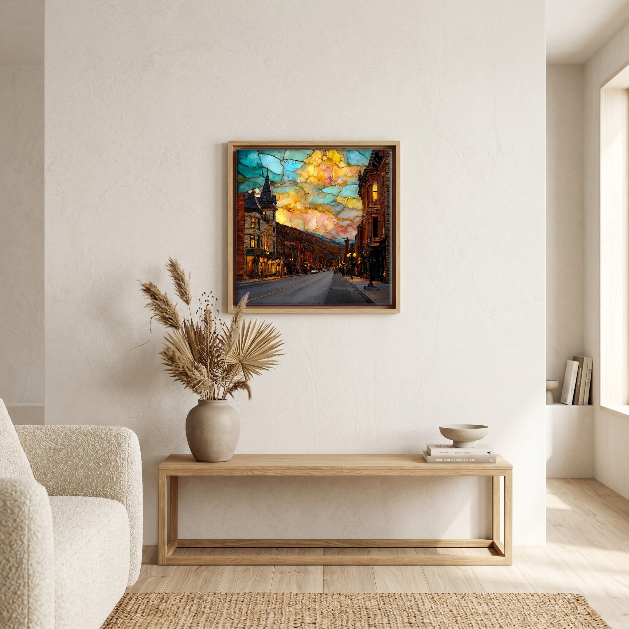 Above the bench, in a warm oak surround.