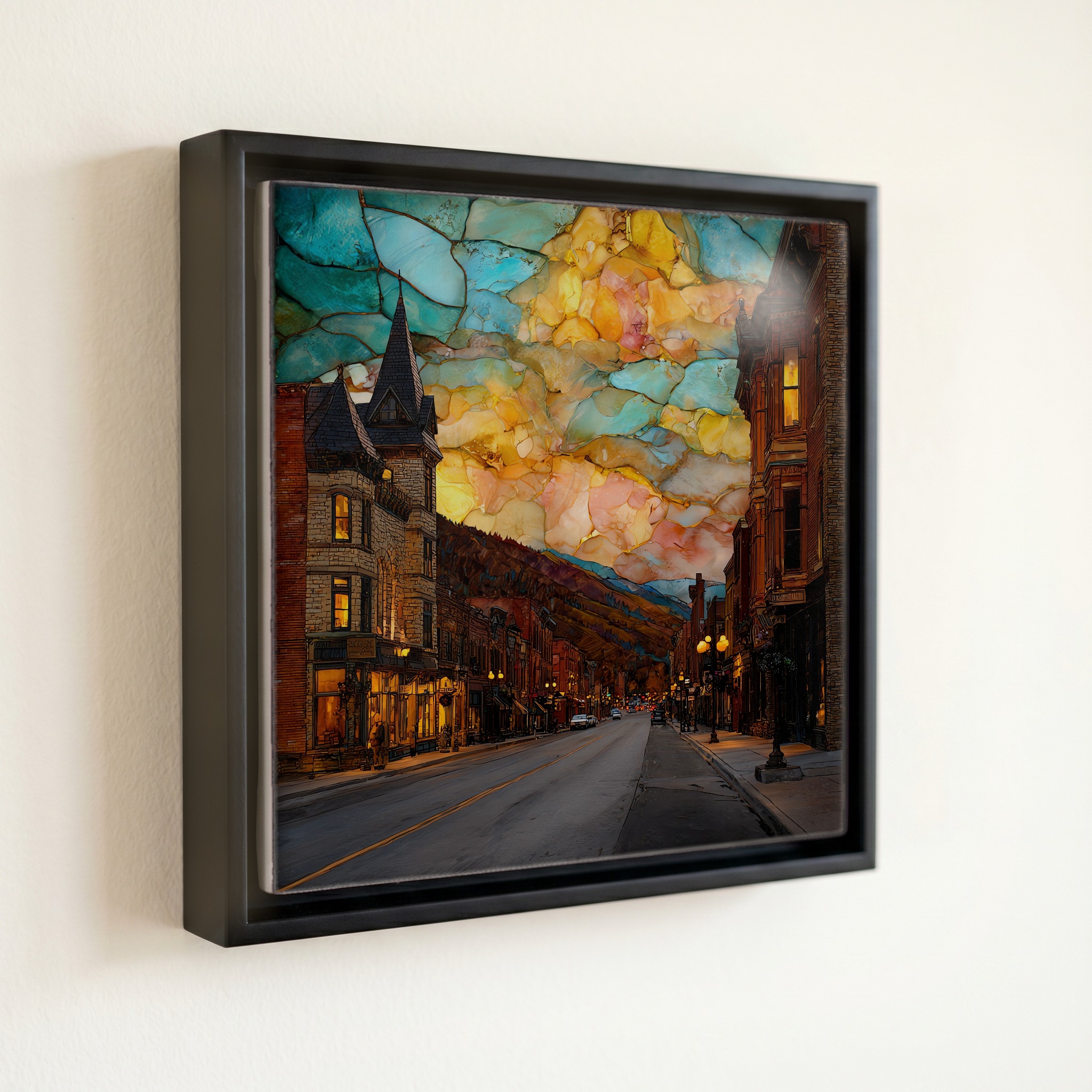 shown in a slim black floating frame · 6 × 6 in