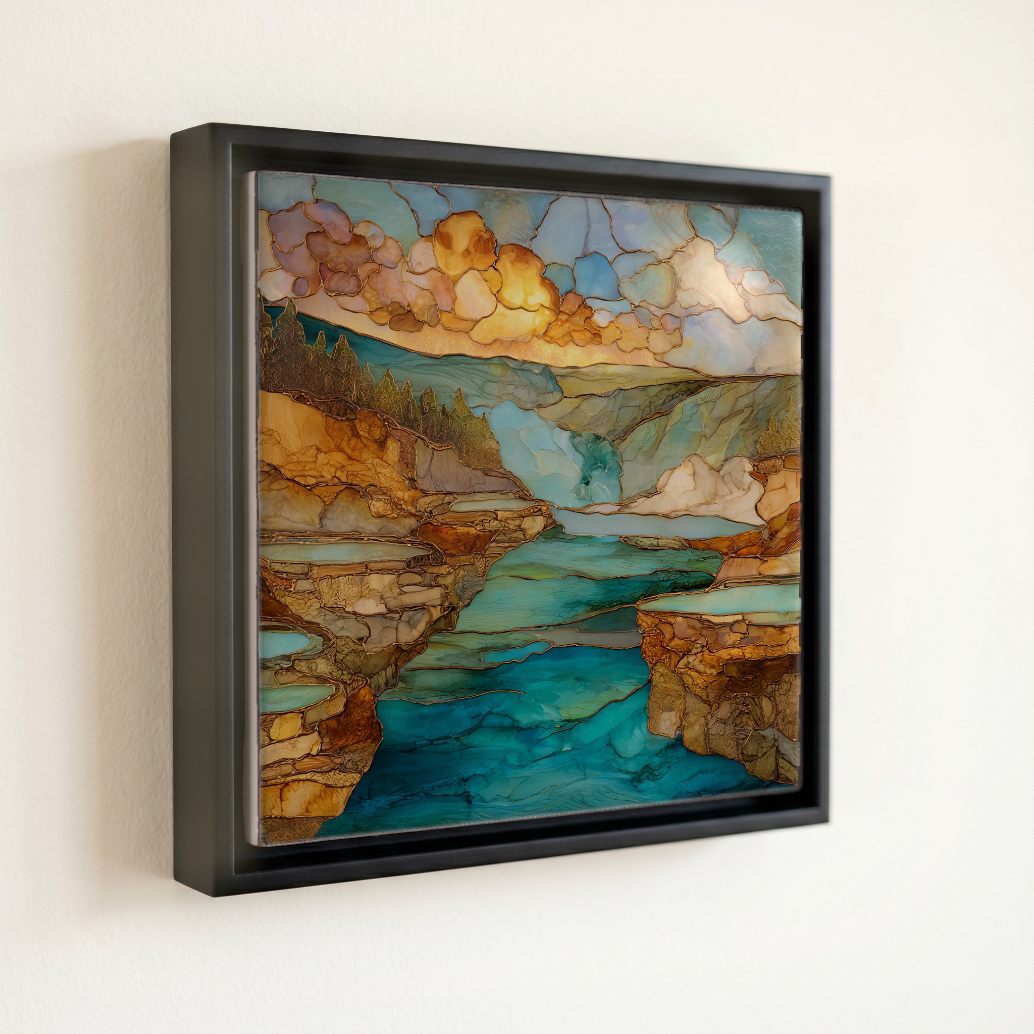 shown in a slim black floating frame · 6 × 6 in