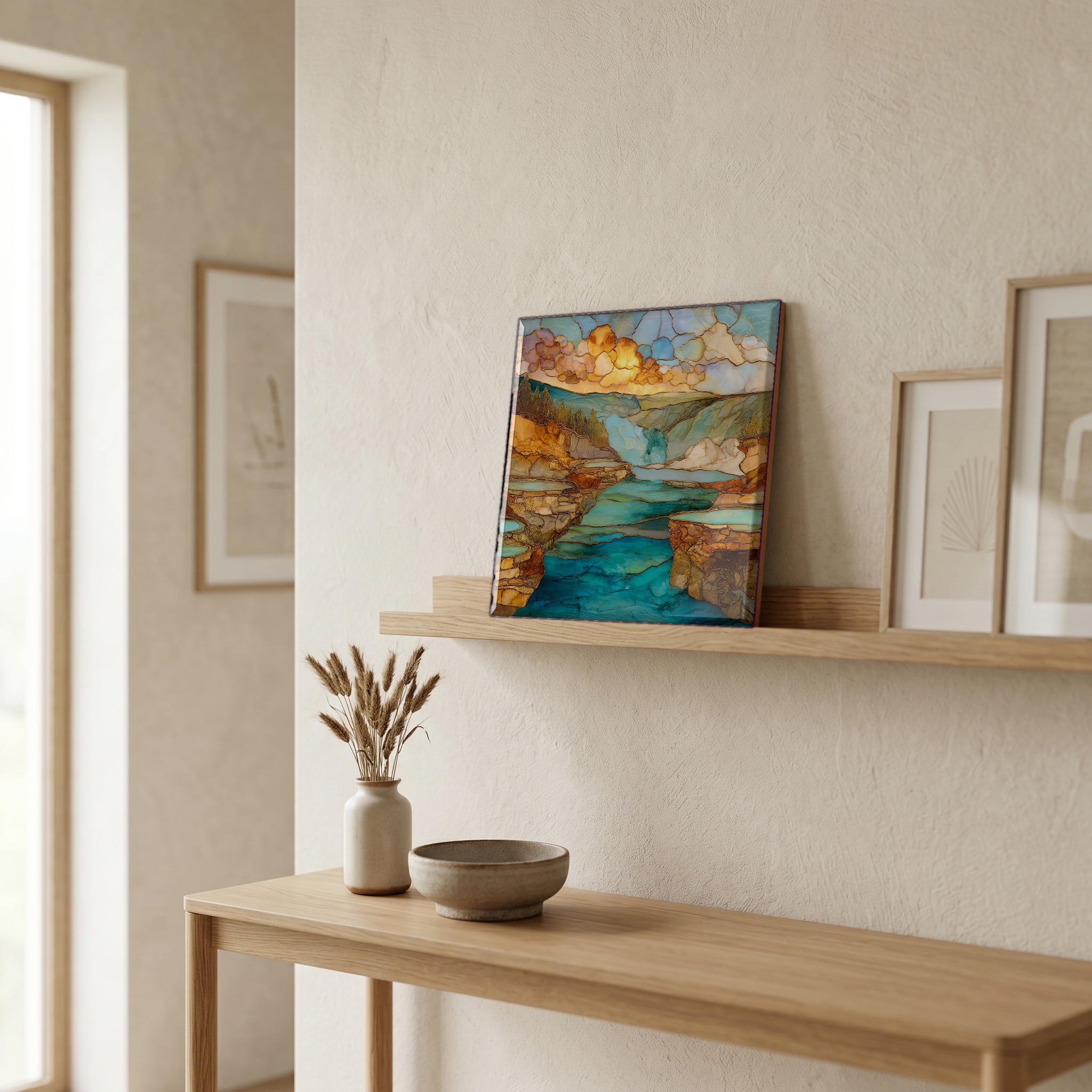 On a picture ledge, where the light comes in.