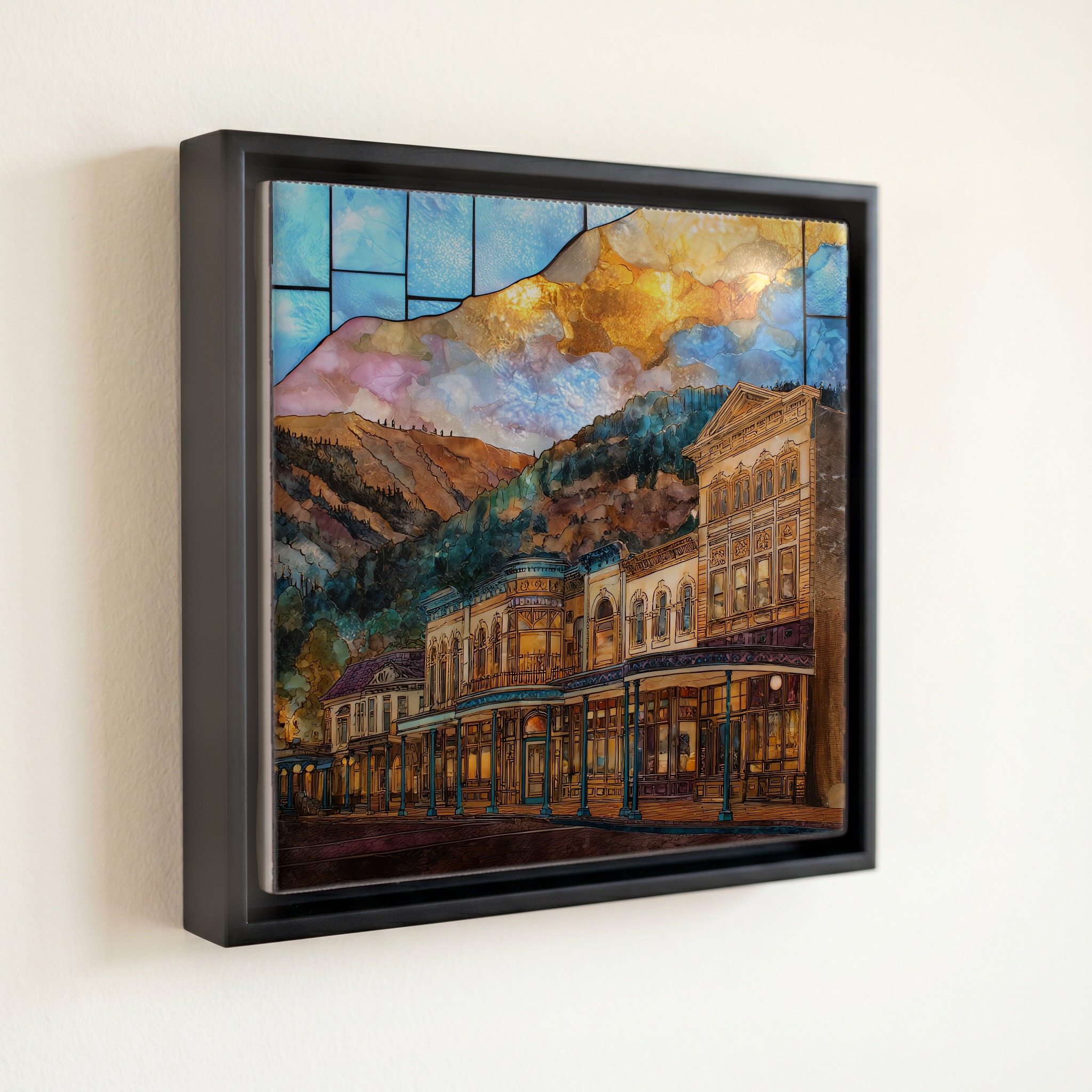 shown in a slim black floating frame · 6 × 6 in