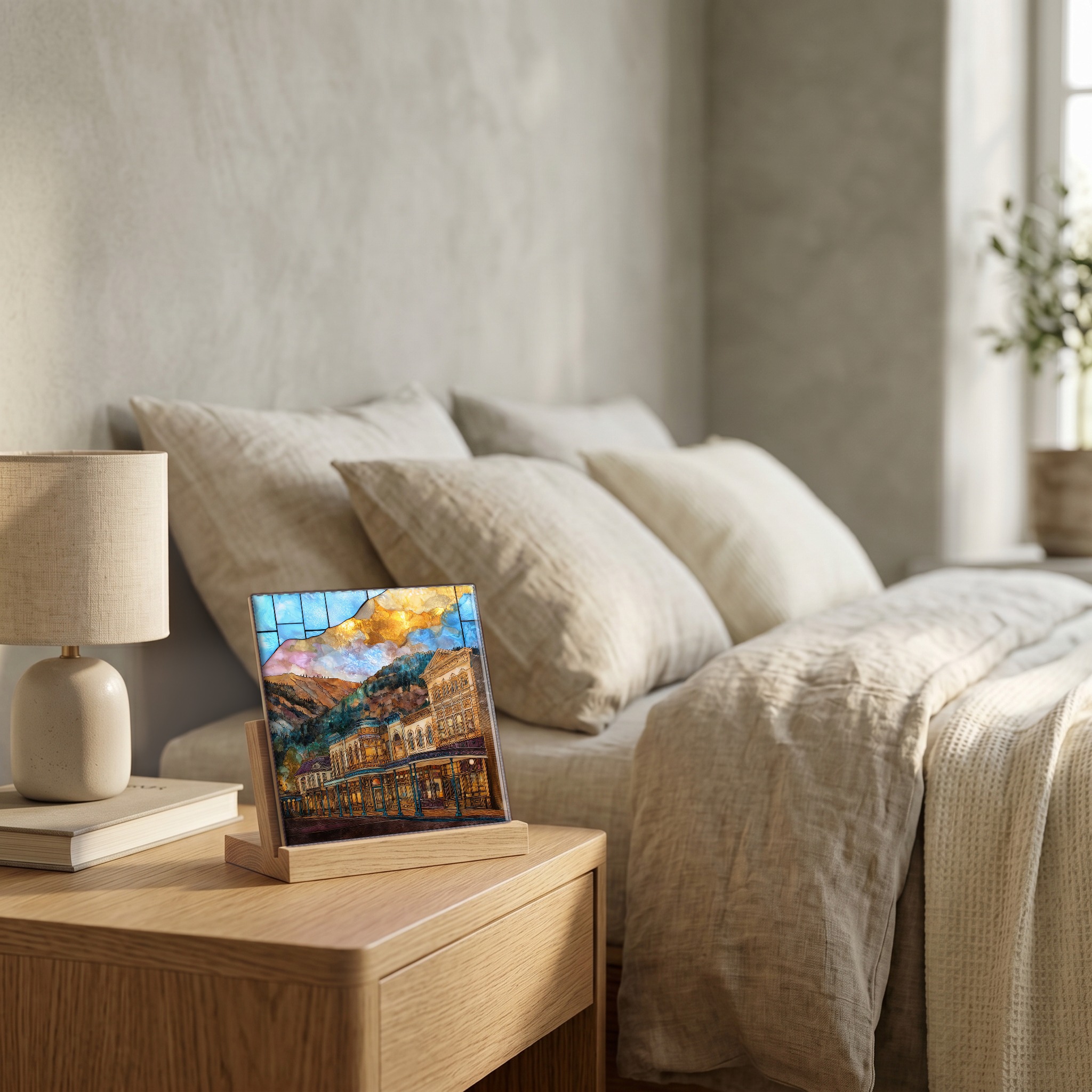 On the nightstand, on a light oak stand.