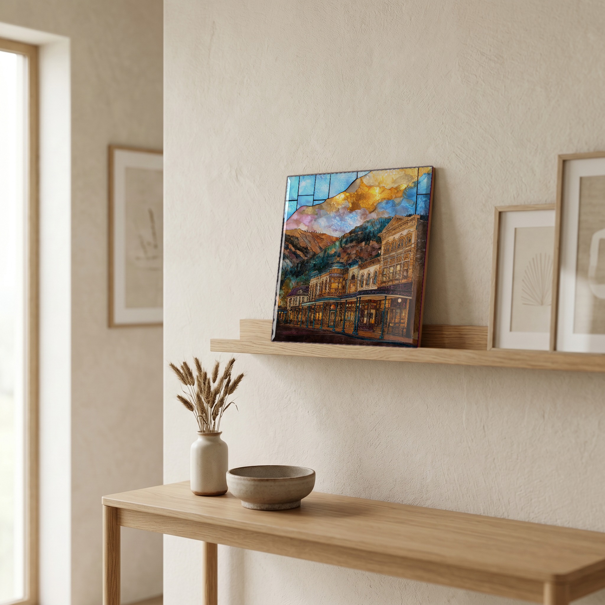 On a picture ledge, where the light comes in.
