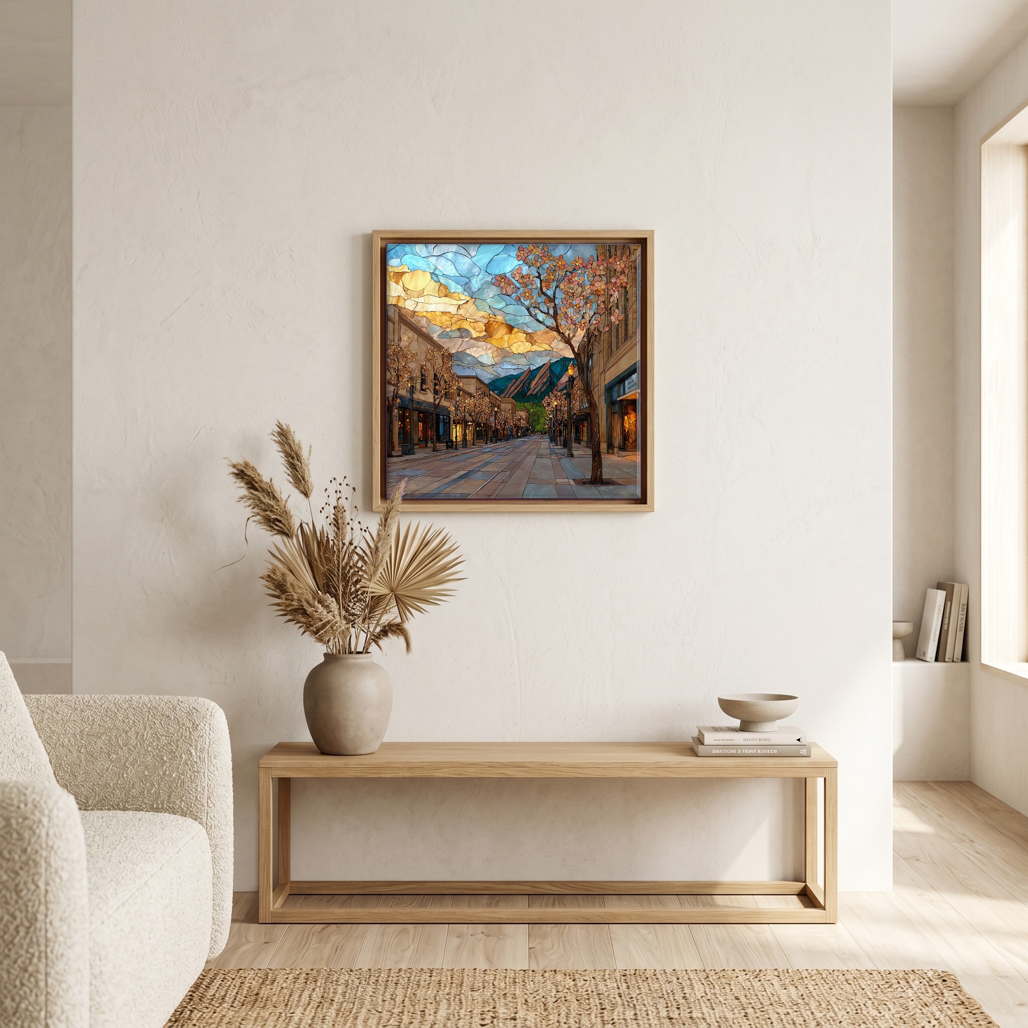 Above the bench, in a warm oak surround.
