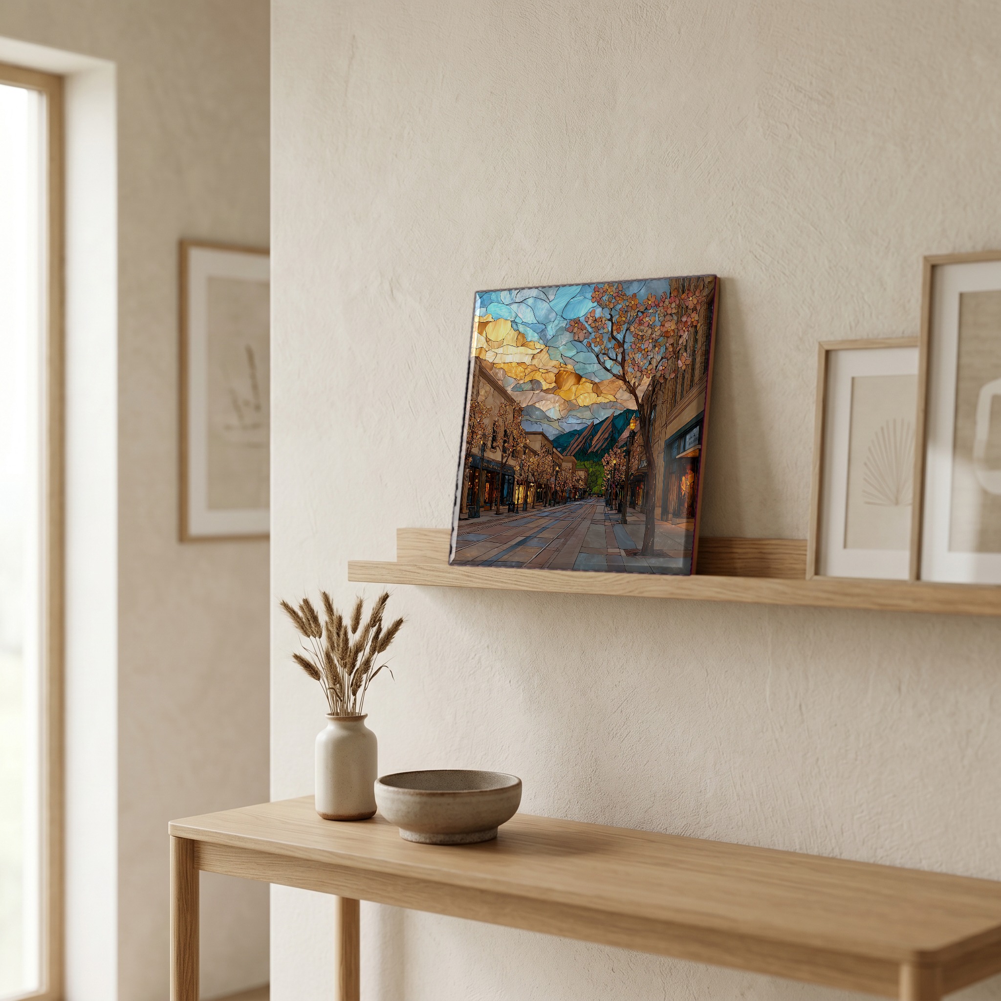 On a picture ledge, where the light comes in.