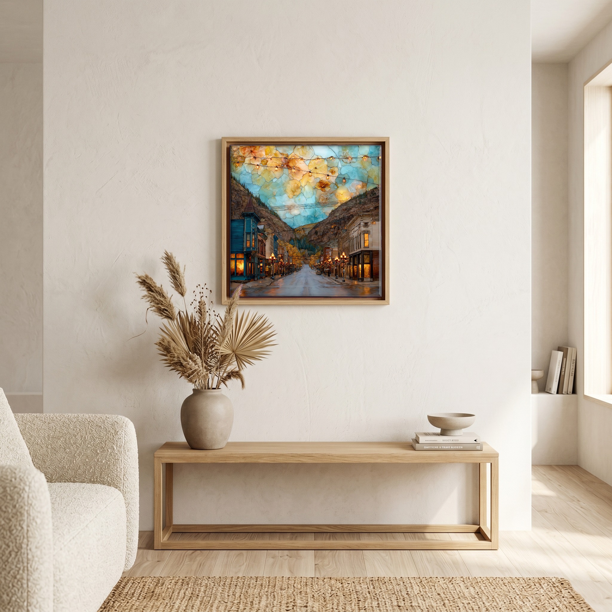 Above the bench, in a warm oak surround.