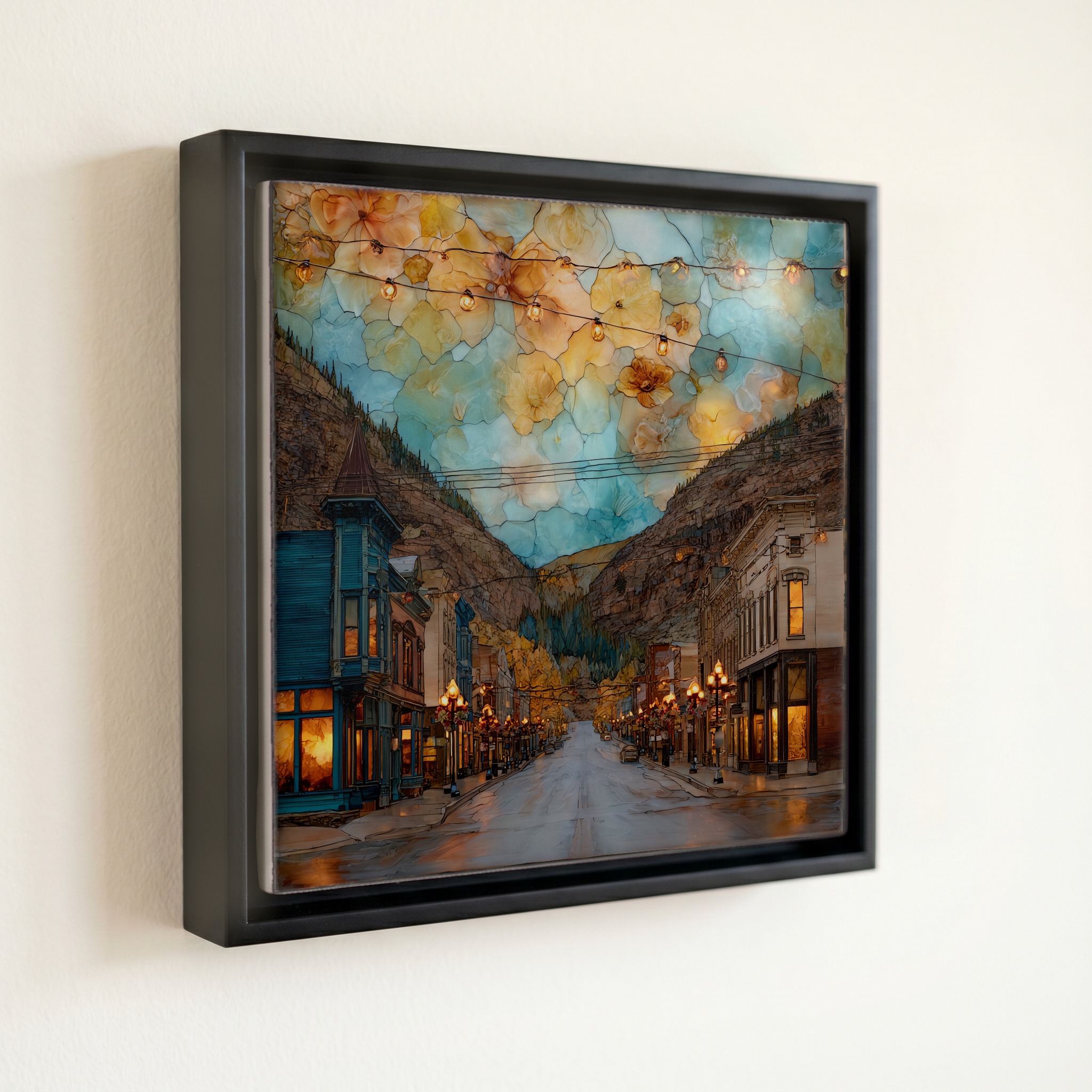 shown in a slim black floating frame · 6 × 6 in