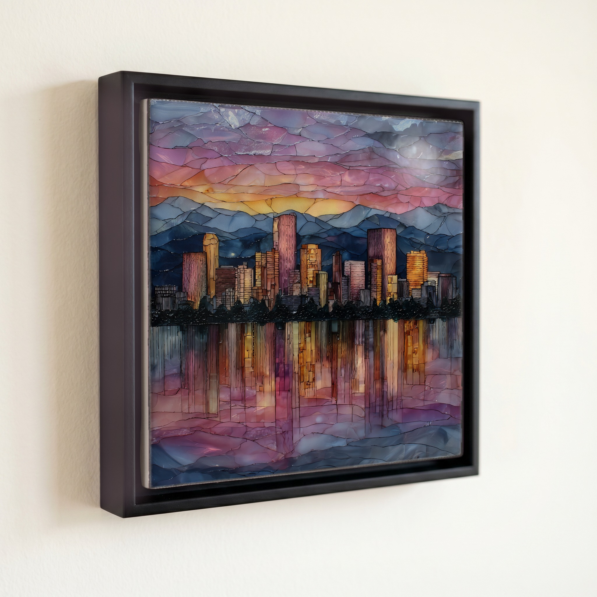 shown in a slim black floating frame · 6 × 6 in