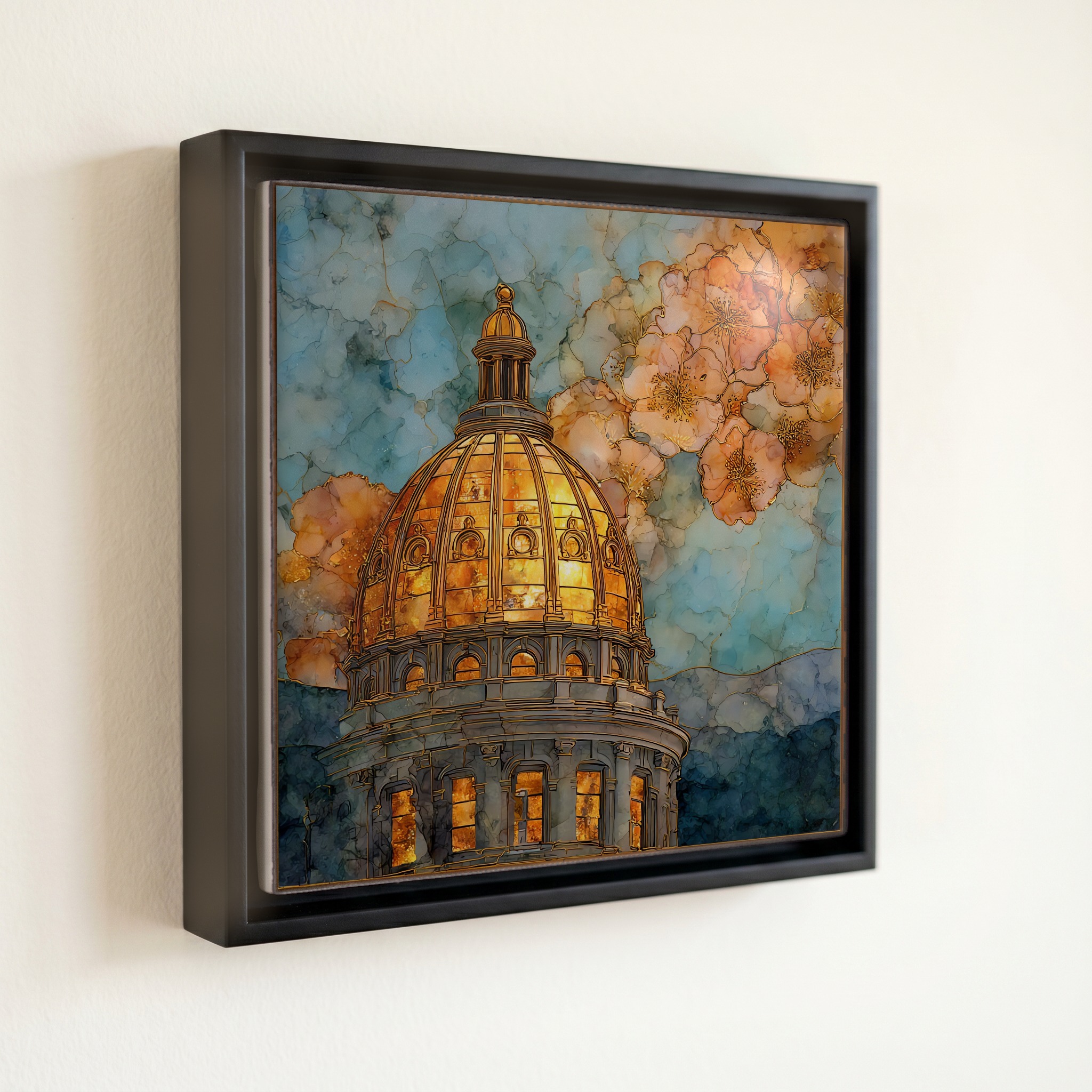 shown in a slim black floating frame · 6 × 6 in