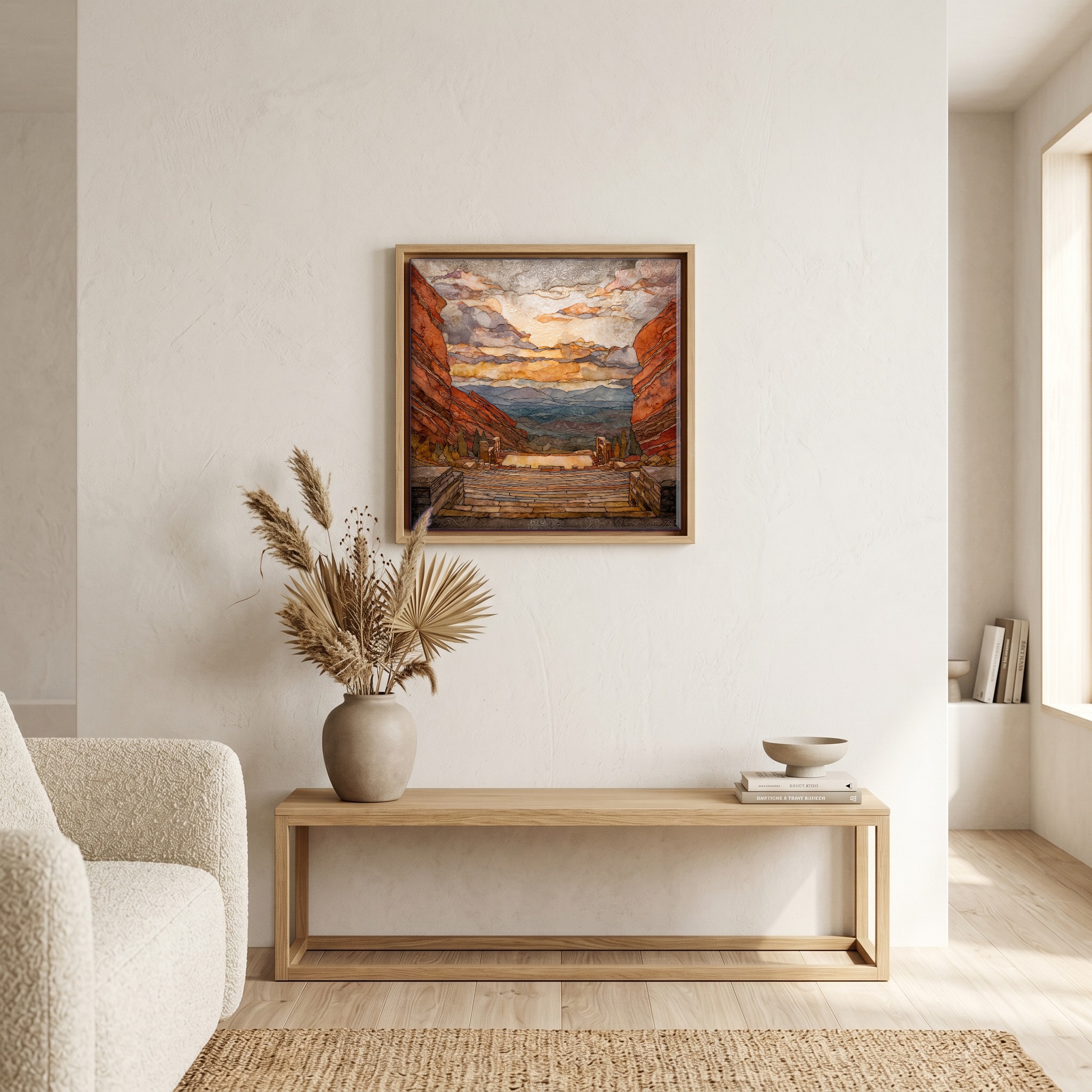 Above the bench, in a warm oak surround.