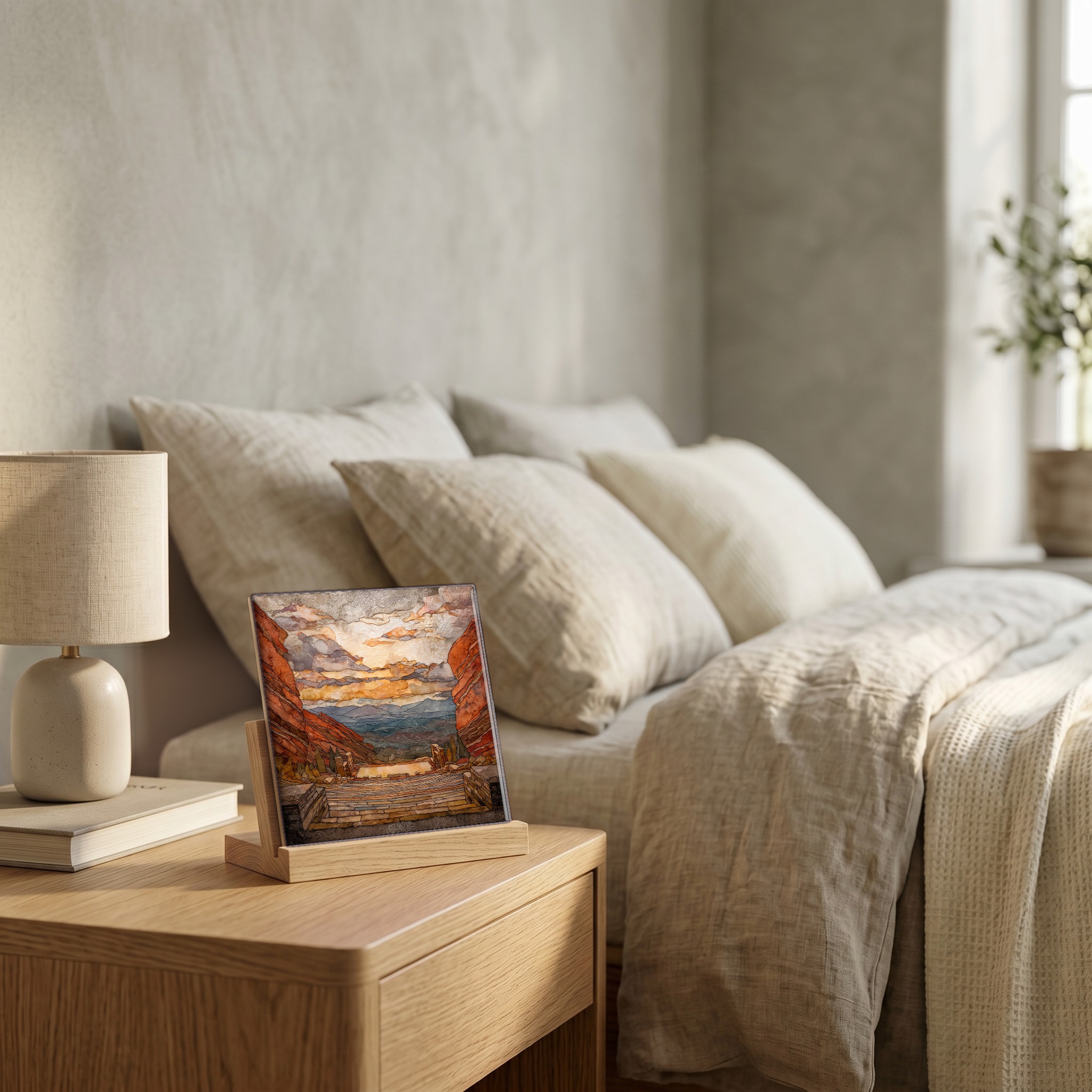 On the nightstand, on a light oak stand.